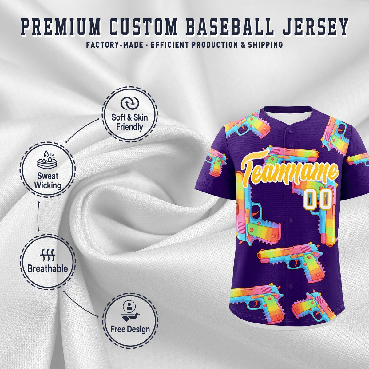 Custom Youth Baseball Jersey Purple Yellow Sugar-Coated Firepower Graffiti Pattern Street Style