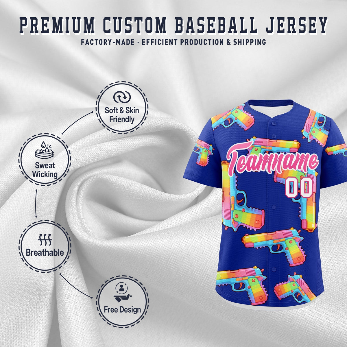 Custom Youth Baseball Jersey Royal Blue Pink Sugar-Coated Firepower Graffiti Pattern Urban Fashion