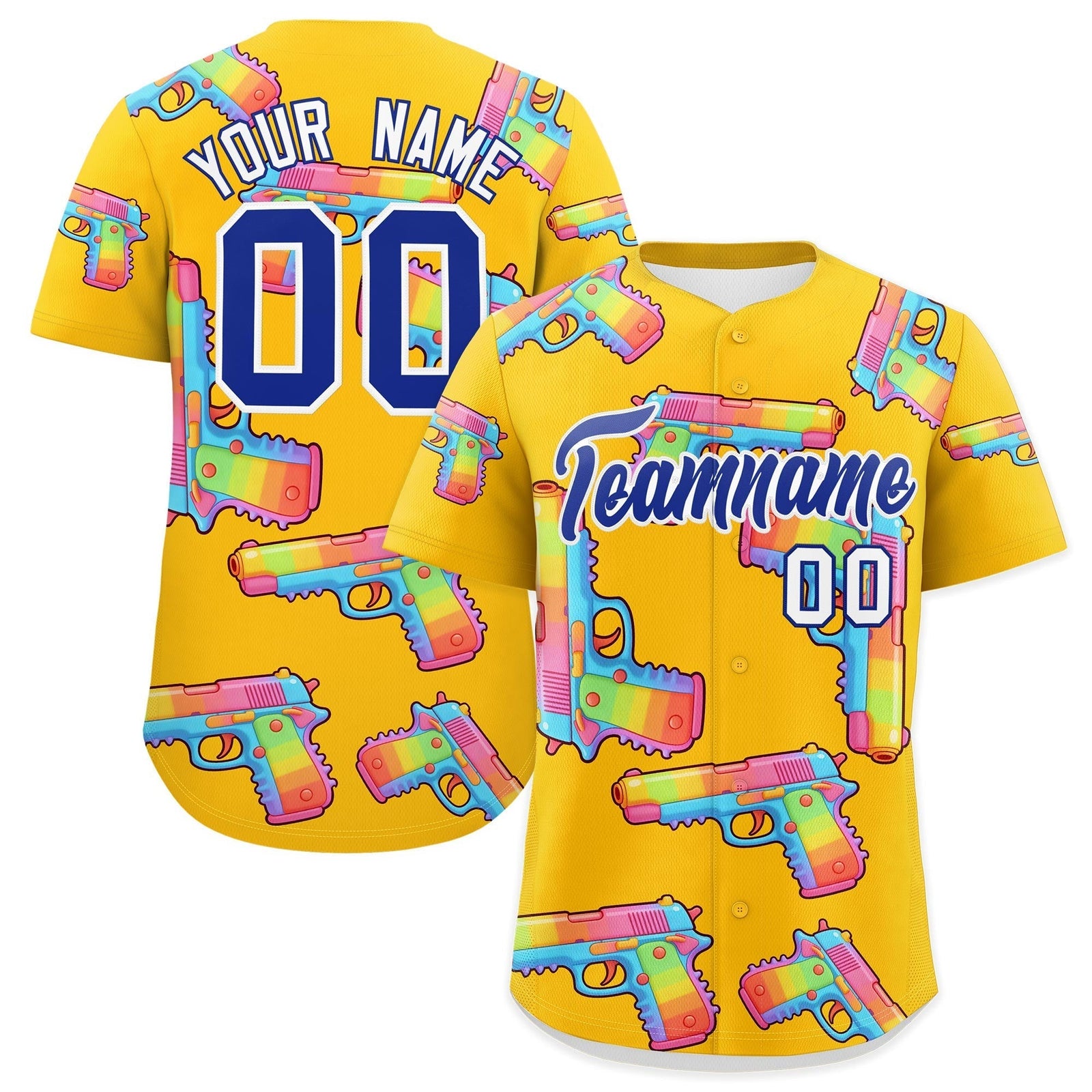 Custom Youth Baseball Jersey Yellow Royal Blue Sugar-Coated Firepower Graffiti Pattern Street Style