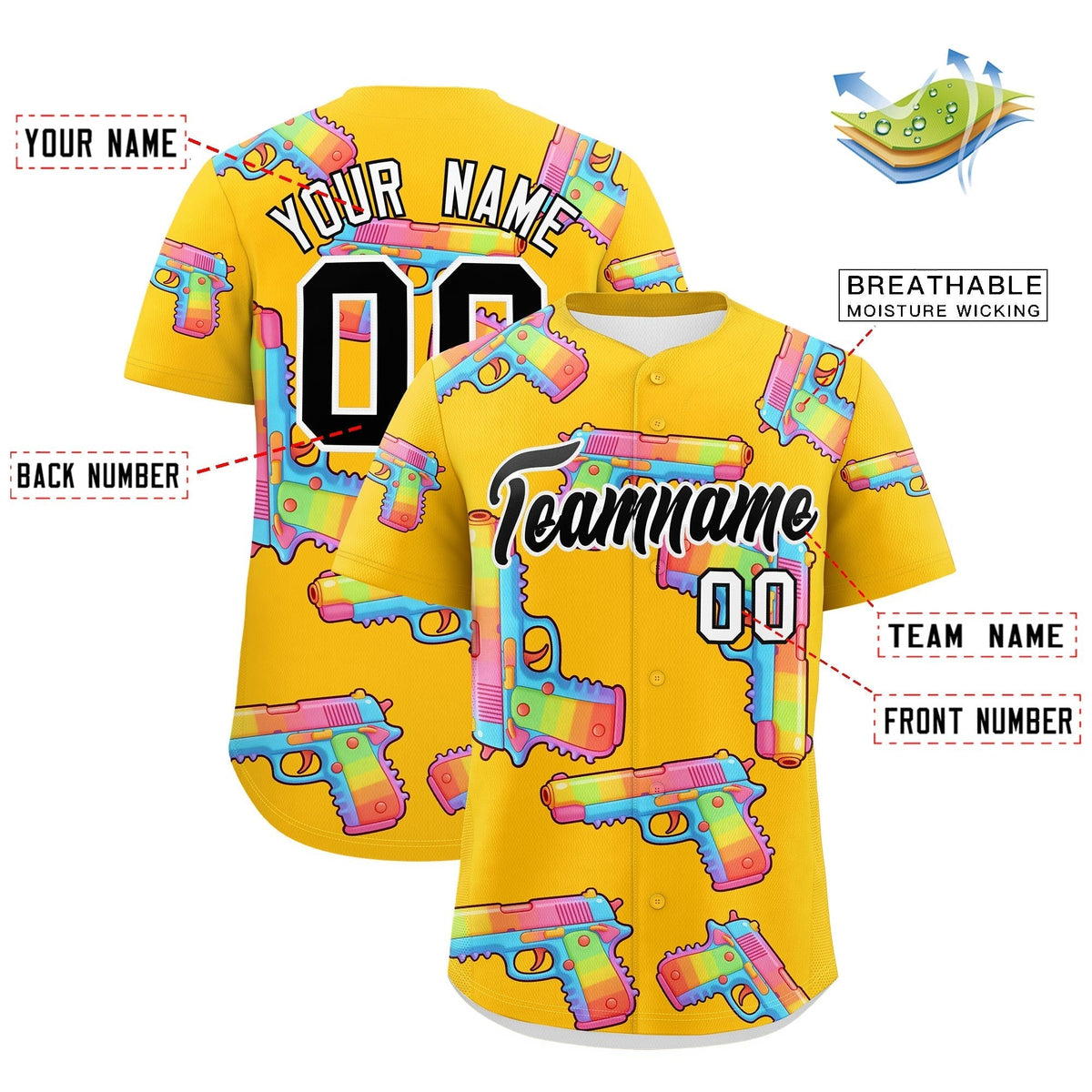 Custom Youth Baseball Jersey Yellow Black Sugar-Coated Firepower Graffiti Pattern Hip-hop