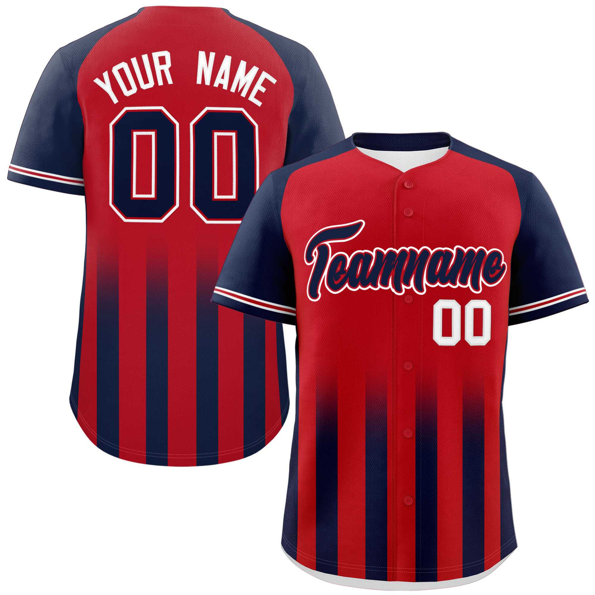 Custom Red Navy Raglan Sleeves Gradient Thick Stripe Authentic Baseball Jersey