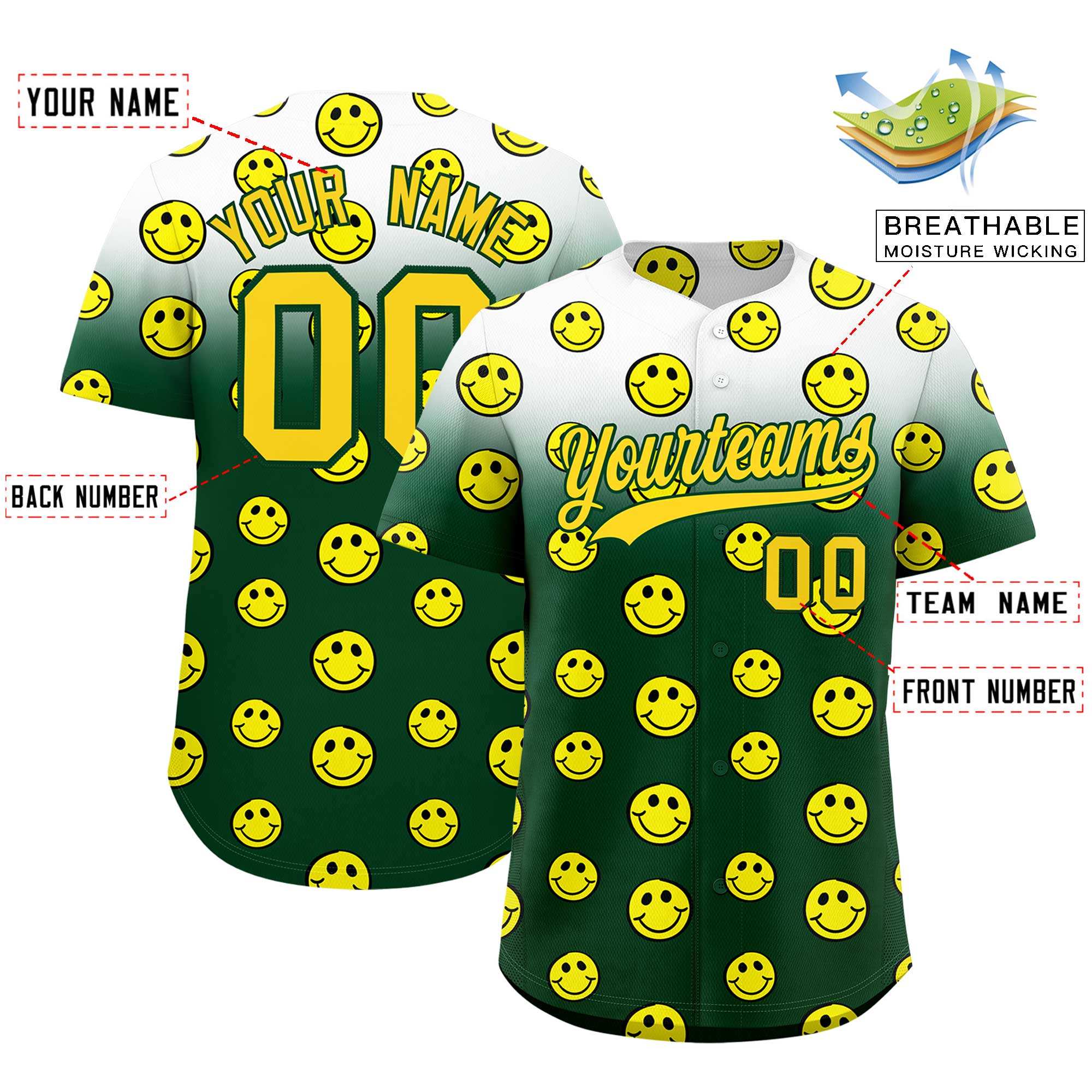 Custom White Green Graffiti Gradient Pattern Authentic Smile Baseball Jersey