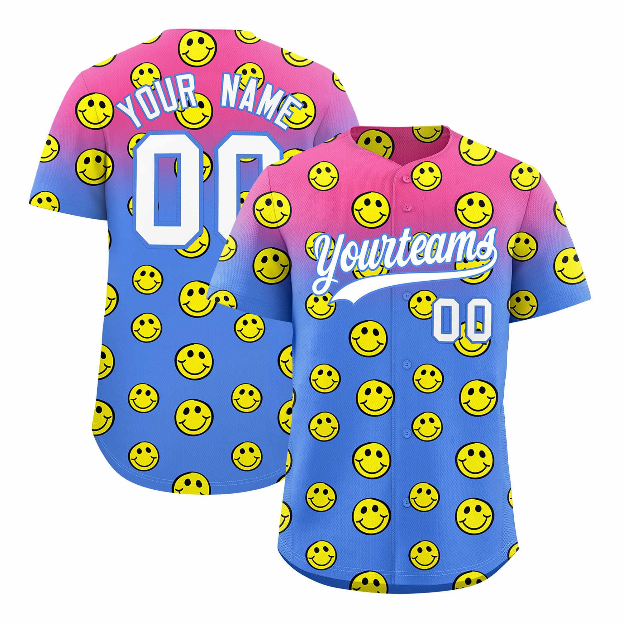 Custom Pink Light Blue Graffiti Gradient Pattern Authentic Smile Baseball Jersey