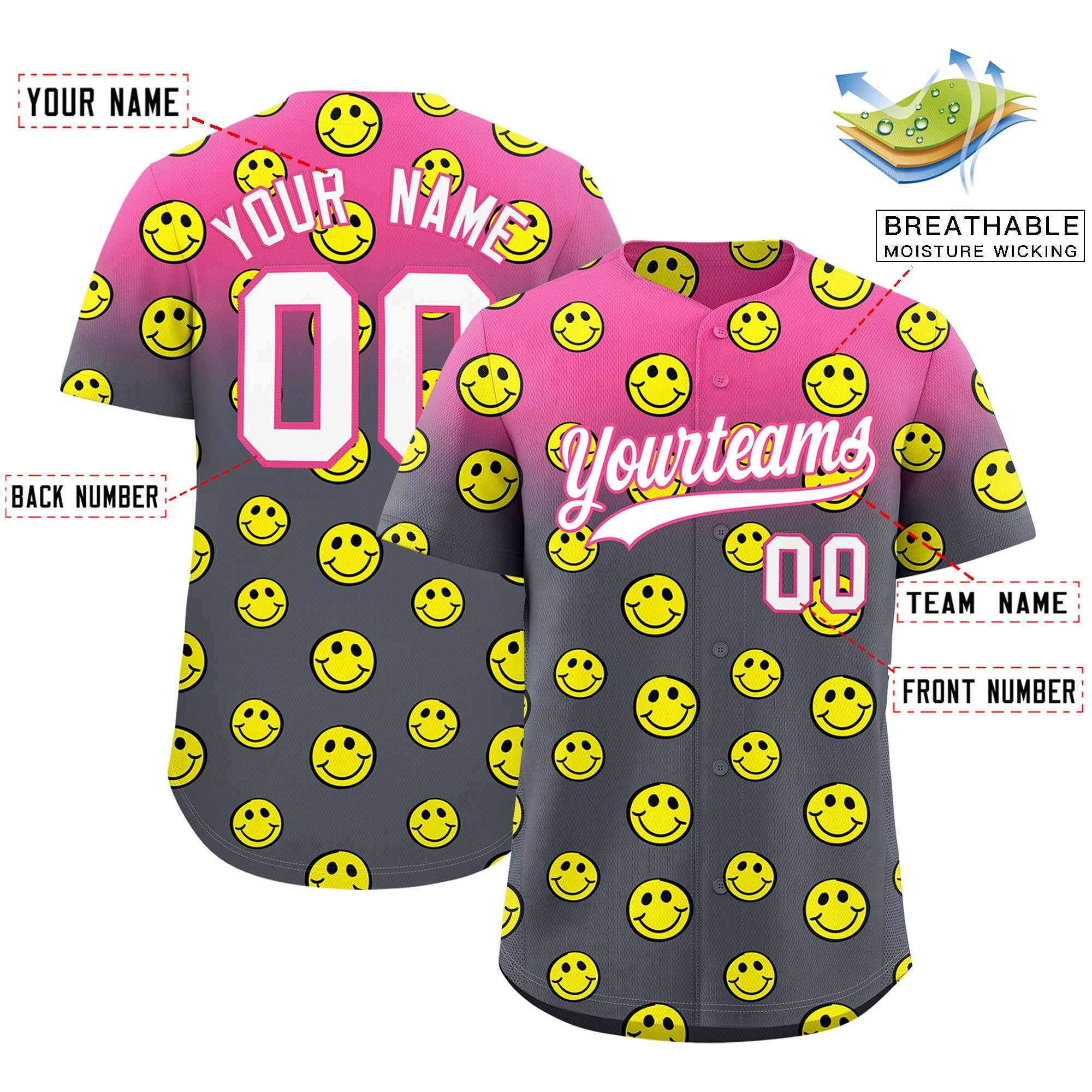 Custom Pink Dark Gray Graffiti Gradient Pattern Authentic Smile Baseball Jersey