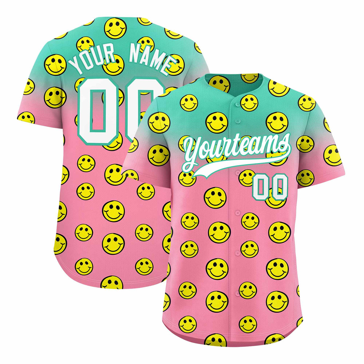 Custom Bright Green Light Pink Graffiti Gradient Pattern Authentic Smile Baseball Jersey