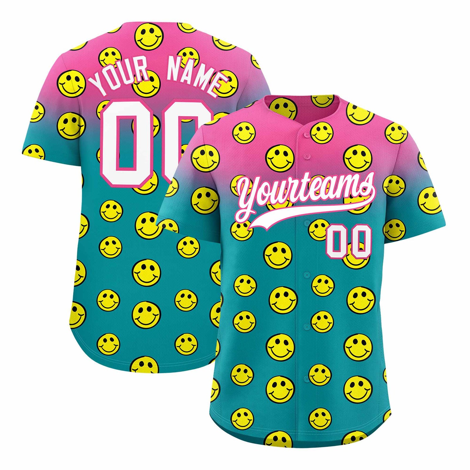 Custom Pink Aqua Graffiti Gradient Pattern Authentic Smile Baseball Jersey