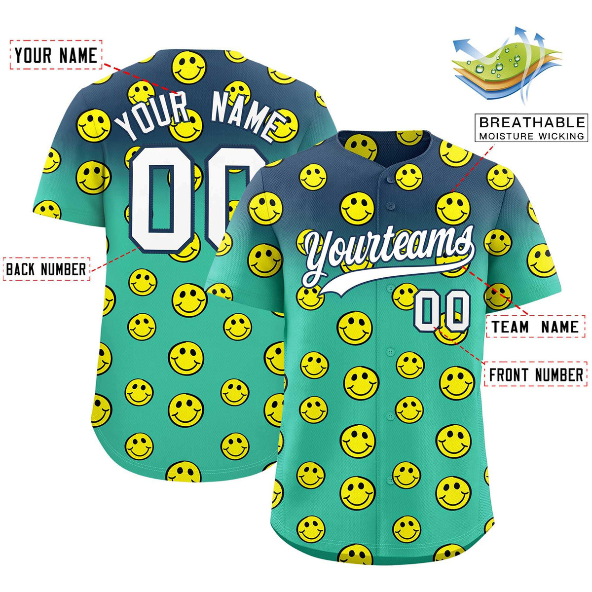 Custom Midnight Blue Bright Green Graffiti Gradient Pattern Authentic Smile Baseball Jersey
