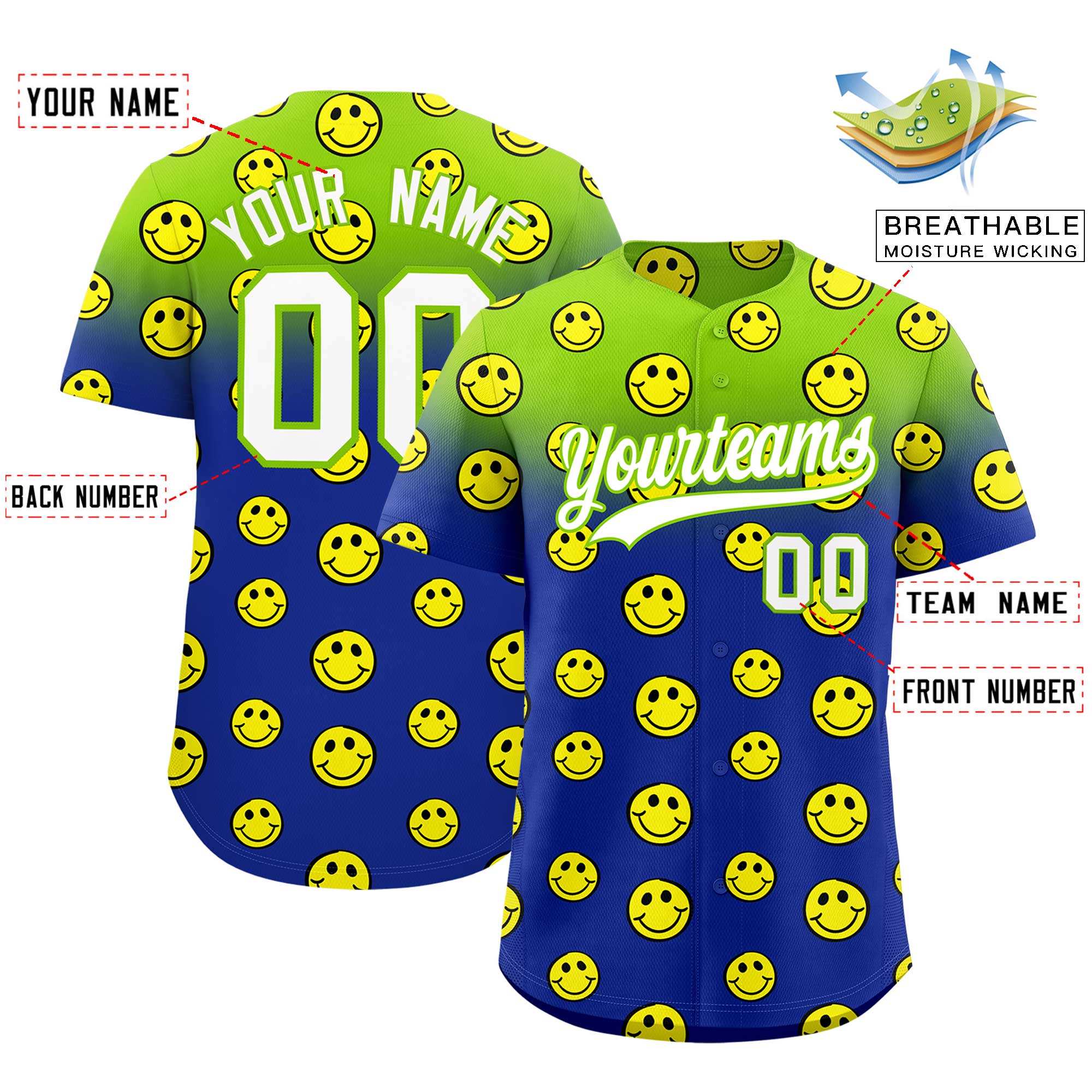 Custom Neon Green Royal Graffiti Gradient Pattern Authentic Smile Baseball Jersey