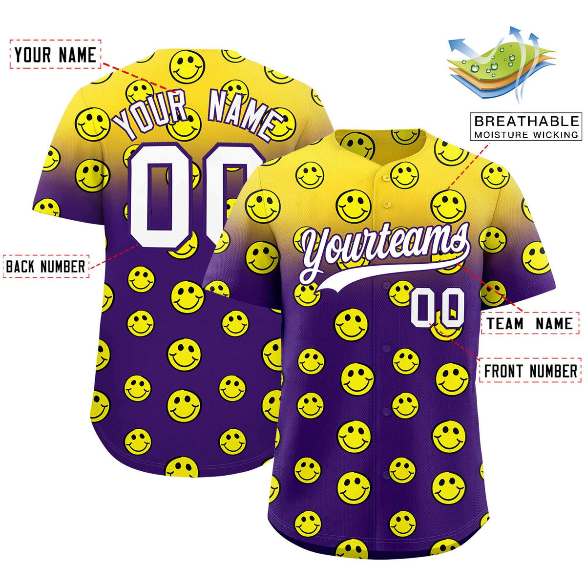 Custom Gold Purple Graffiti Gradient Pattern Authentic Smile Baseball Jersey