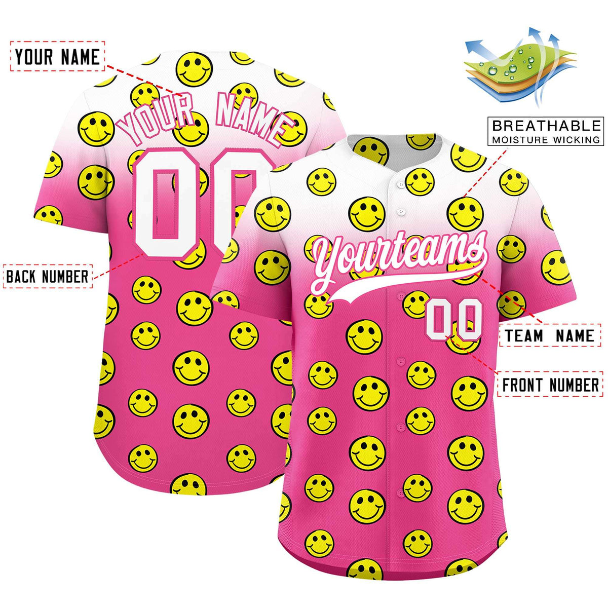 Custom White Pink Graffiti Gradient Pattern Authentic Smile Baseball Jersey