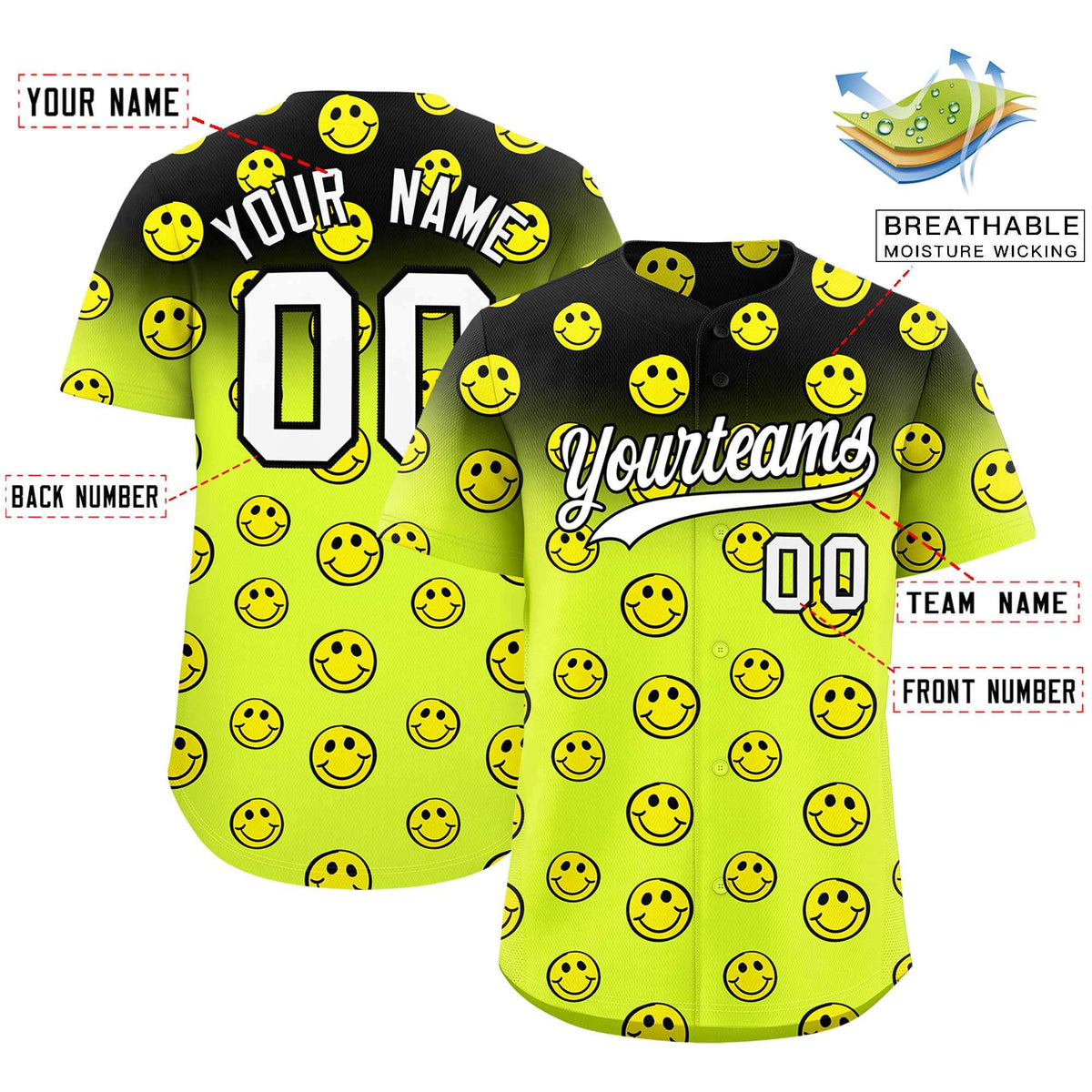 Custom Black Fluorescent Green Graffiti Gradient Pattern Authentic Smile Baseball Jersey