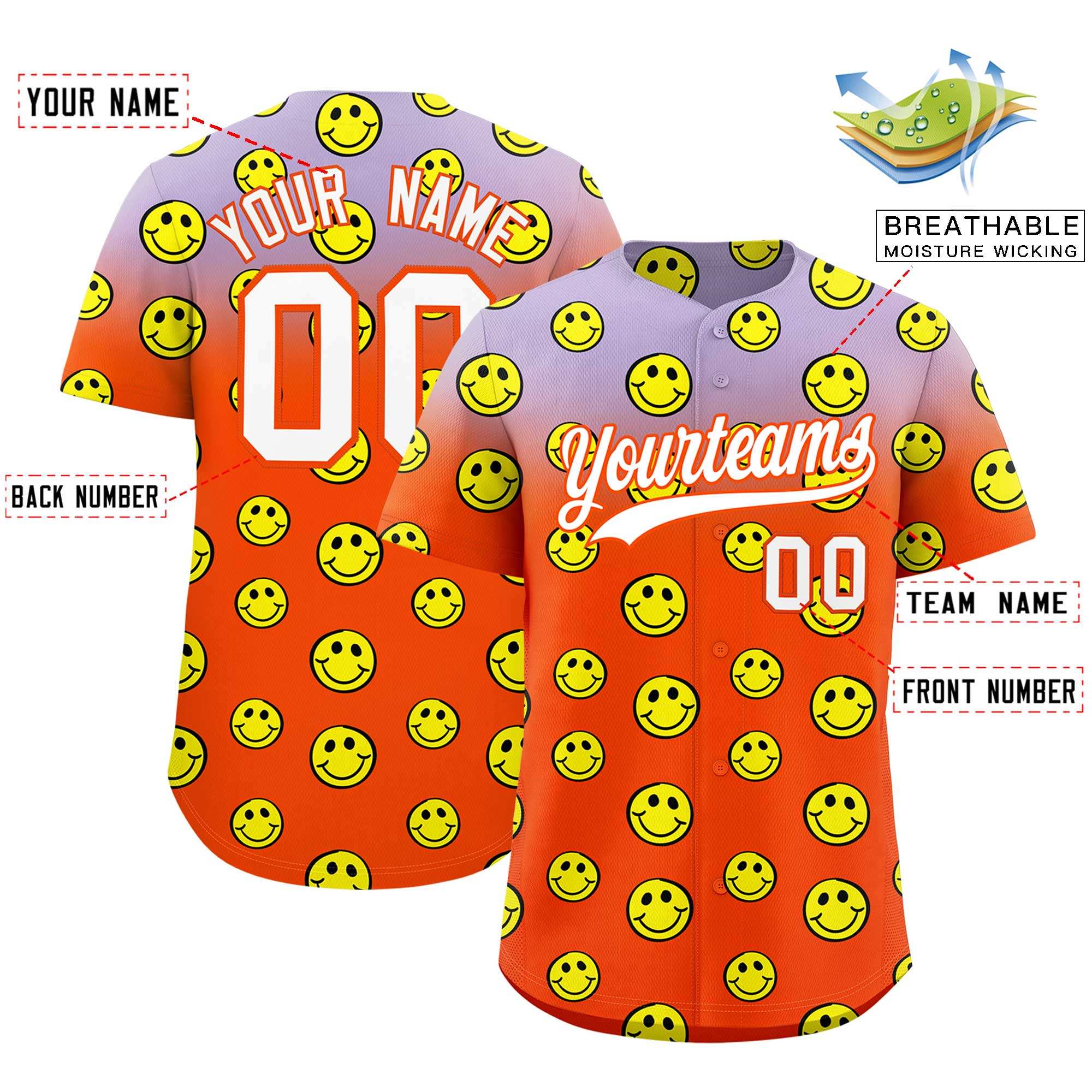 Custom Light Purple Orange Graffiti Gradient Pattern Authentic Smile Baseball Jersey