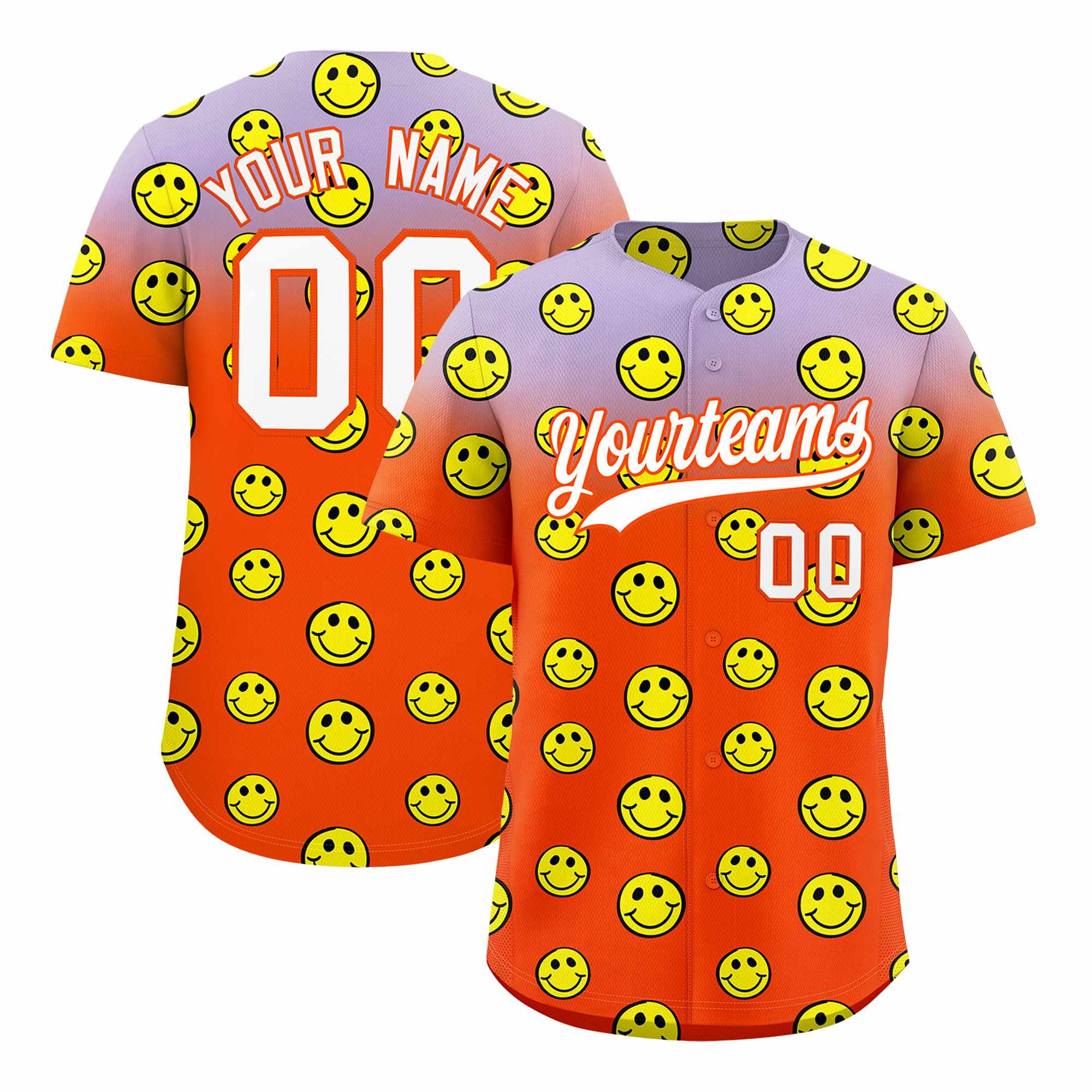 Custom Light Purple Orange Graffiti Gradient Pattern Authentic Smile Baseball Jersey