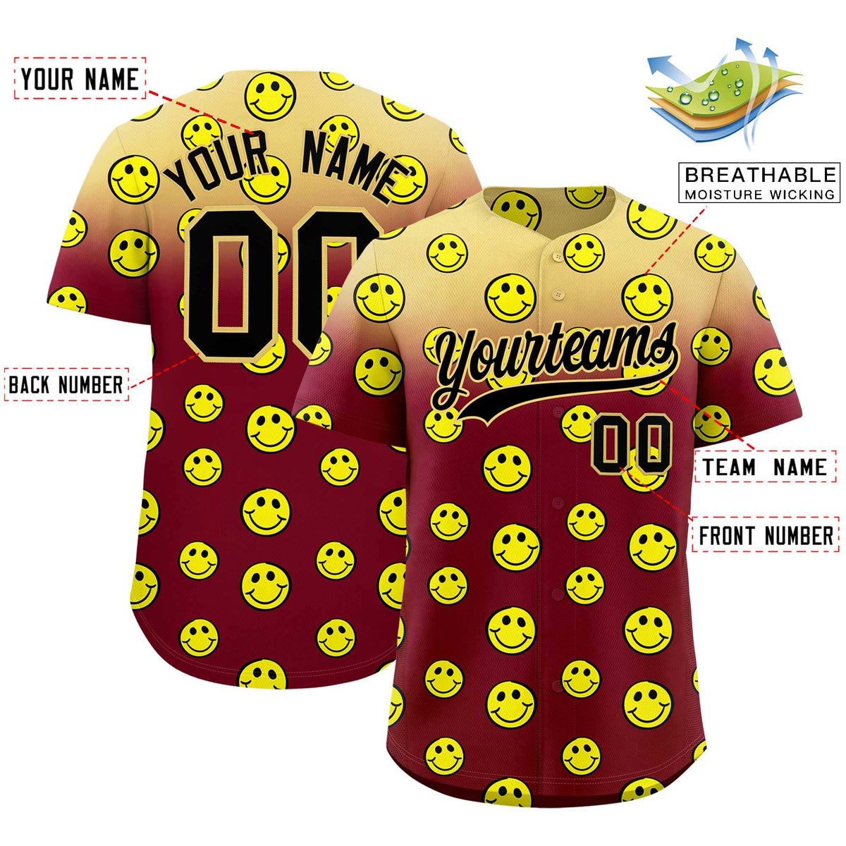 Custom Khaki Crimson Graffiti Gradient Pattern Authentic Smile Baseball Jersey