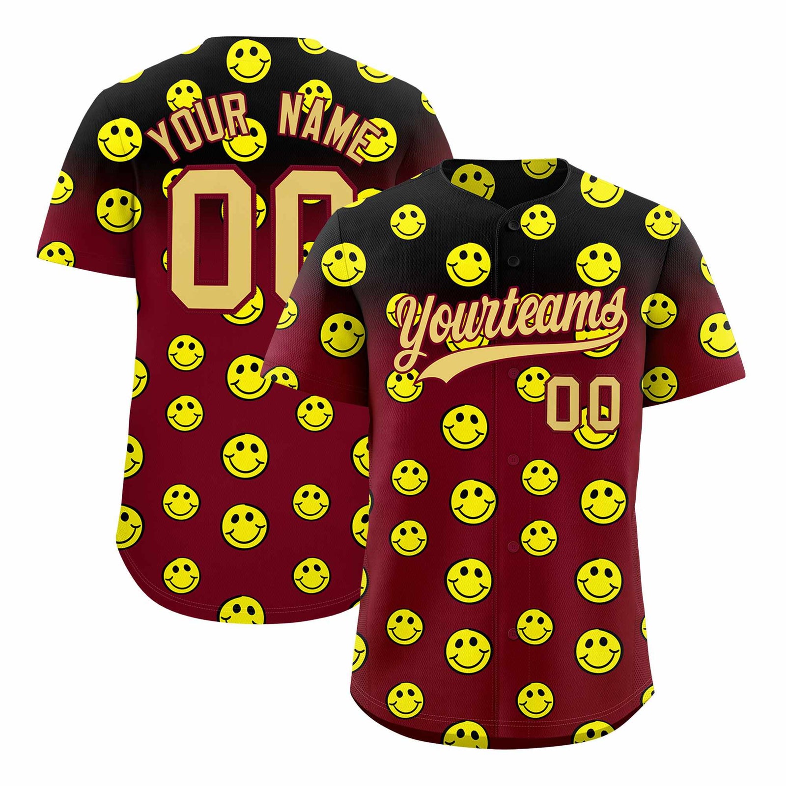 Custom Crimson Black Graffiti Gradient Pattern Authentic Smile Baseball Jersey