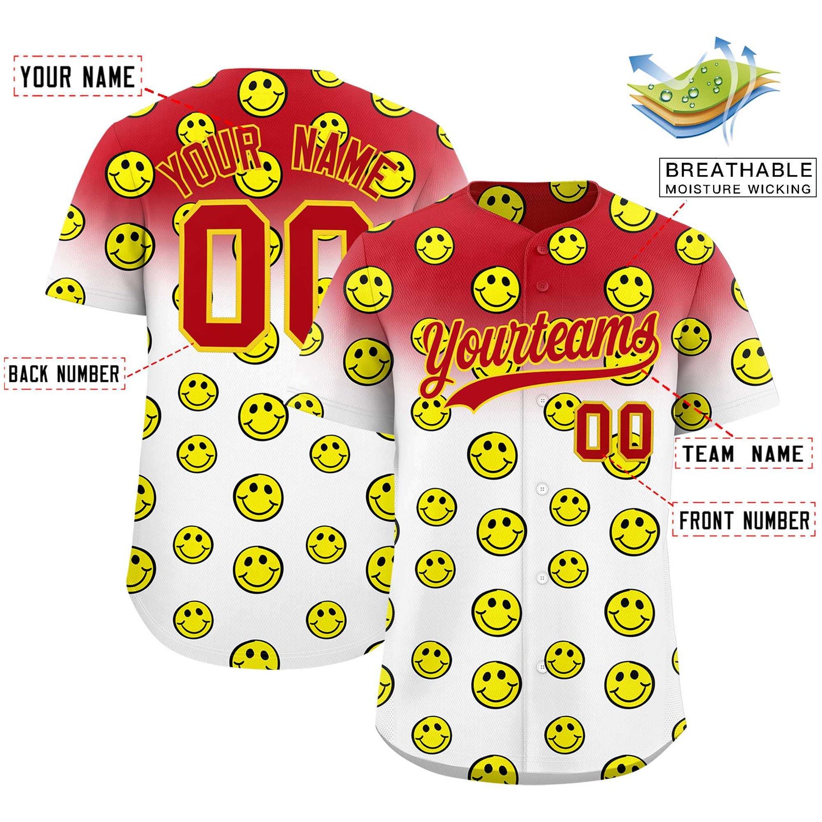 Custom Red White Graffiti Gradient Pattern Authentic Smile Baseball Jersey