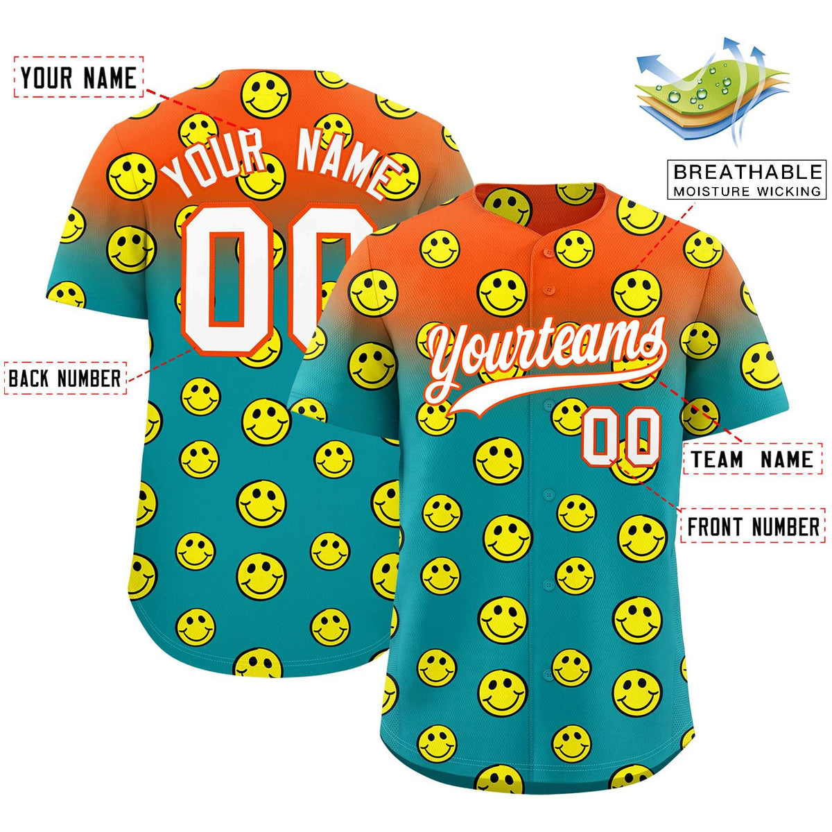 Custom Orange Aqua Graffiti Gradient Pattern Authentic Smile Baseball Jersey