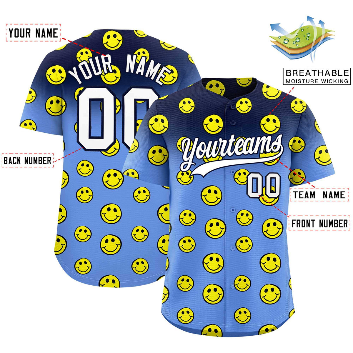 Custom Navy Light Blue Graffiti Gradient Pattern Authentic Smile Baseball Jersey