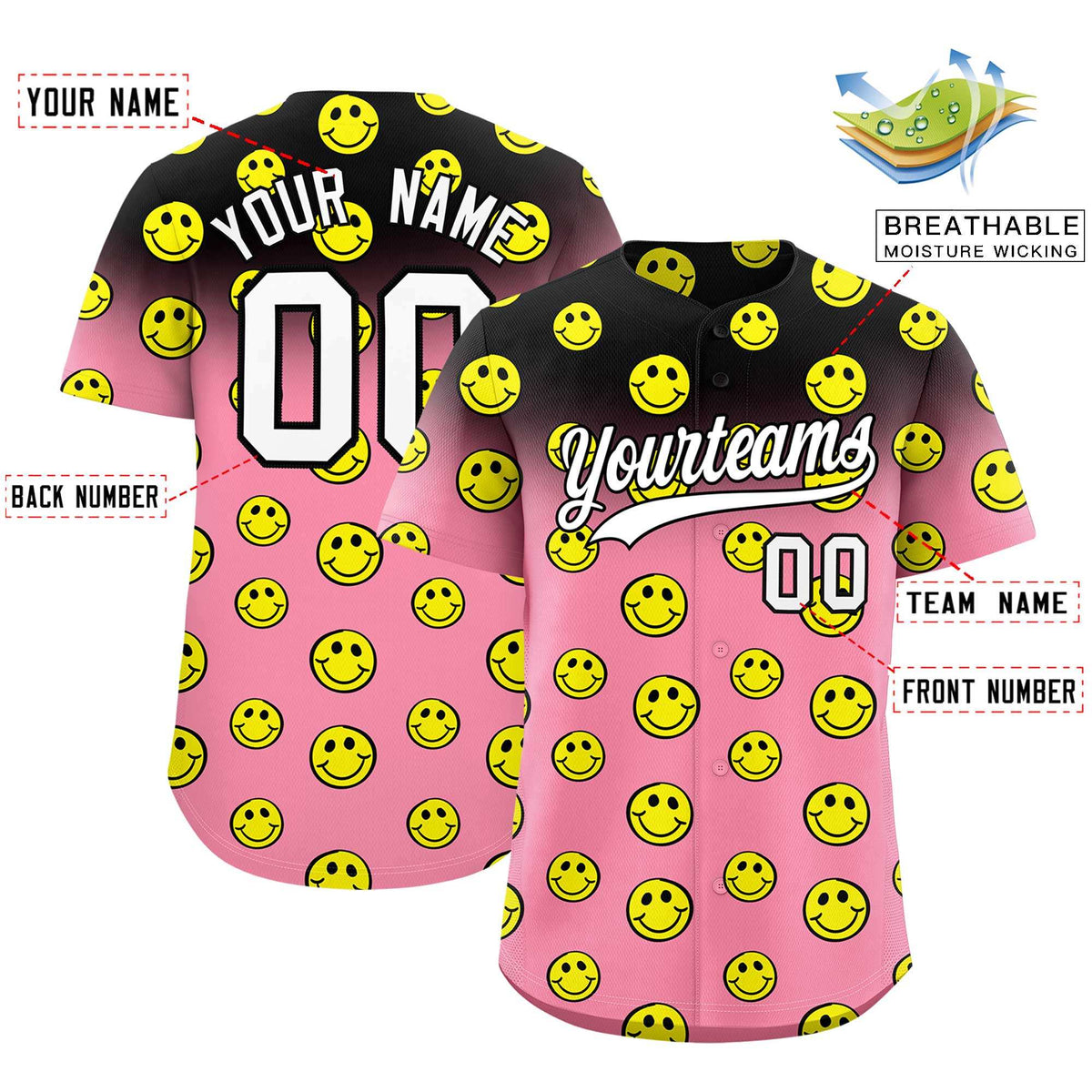 Custom Black Light Pink Graffiti Gradient Pattern Authentic Smile Baseball Jersey