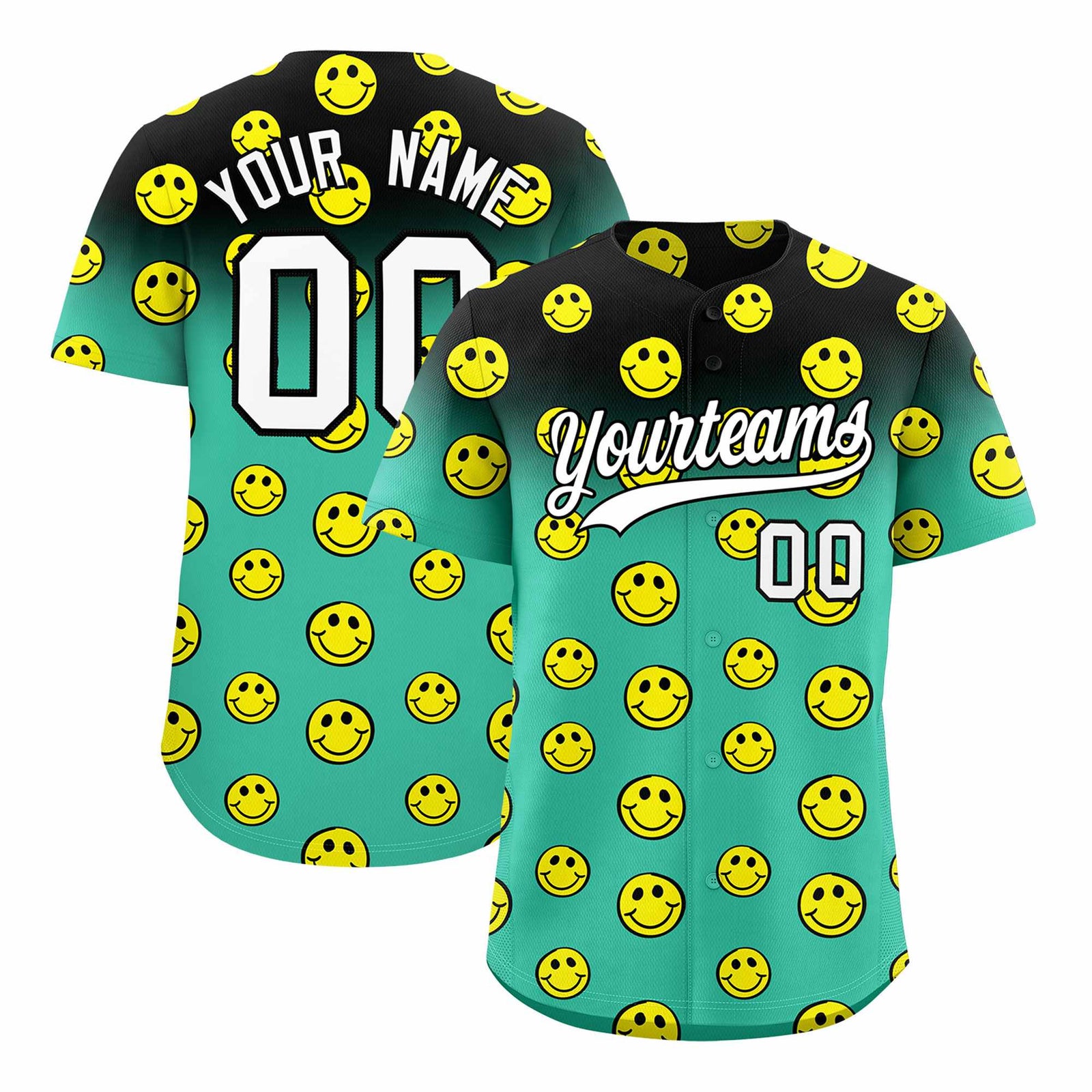 Custom Black Bright Green Graffiti Gradient Pattern Authentic Smile Baseball Jersey