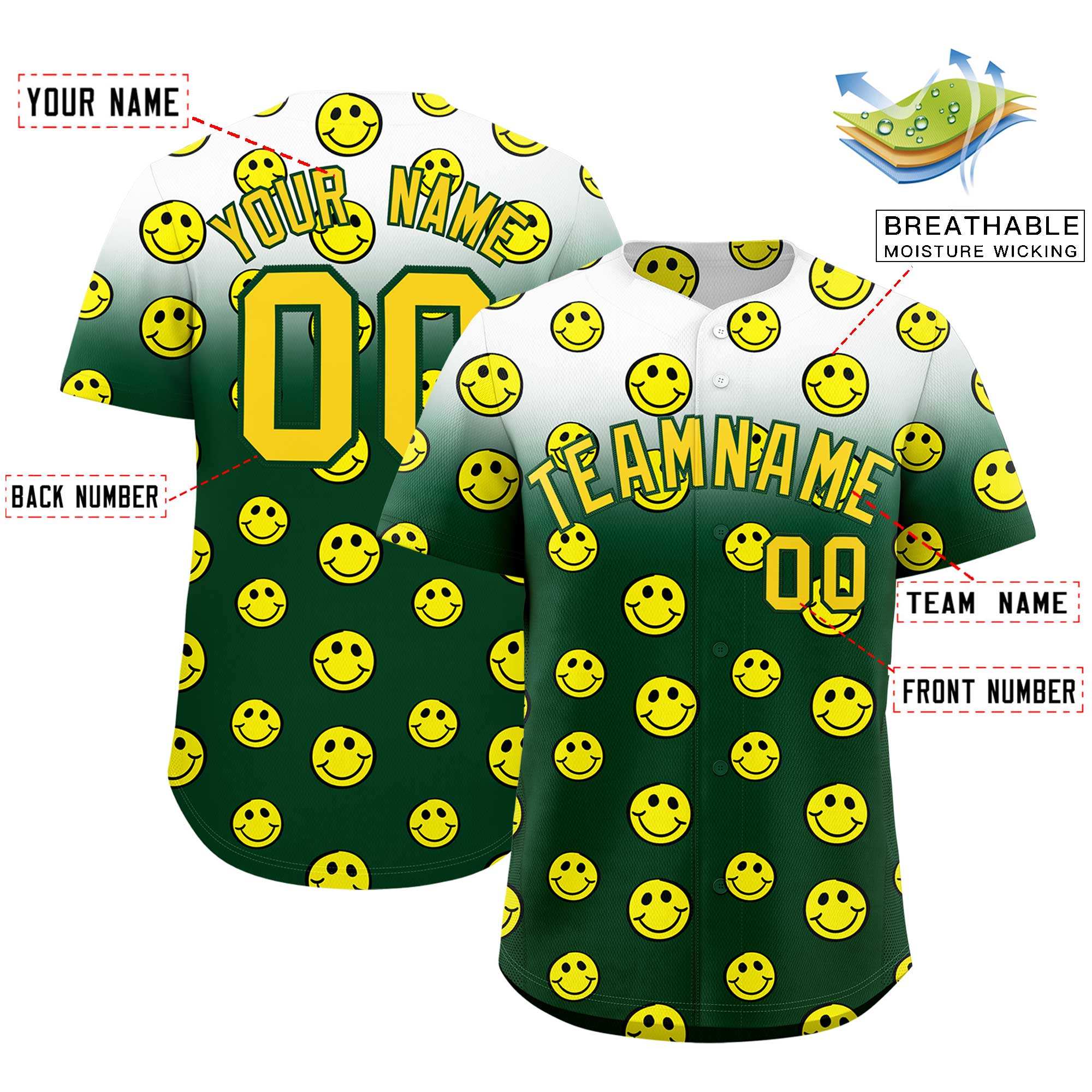 Custom White Green Graffiti Gradient Pattern Authentic Smile Baseball Jersey