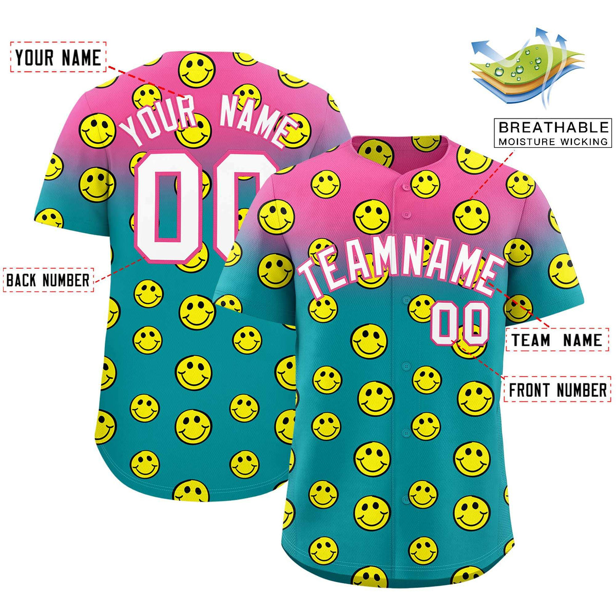 Custom Pink Aqua Graffiti Gradient Pattern Authentic Smile Baseball Jersey