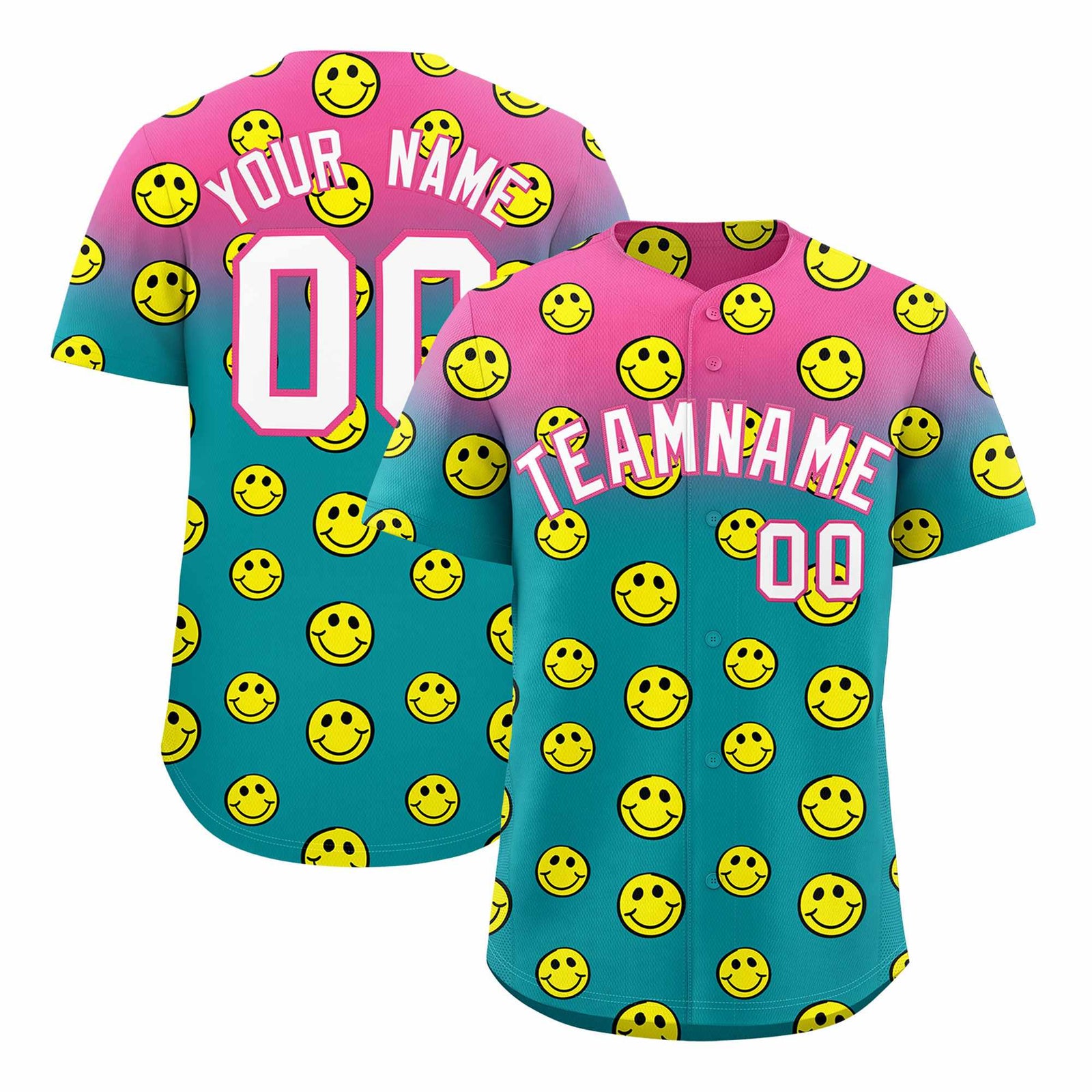 Custom Pink Aqua Graffiti Gradient Pattern Authentic Smile Baseball Jersey
