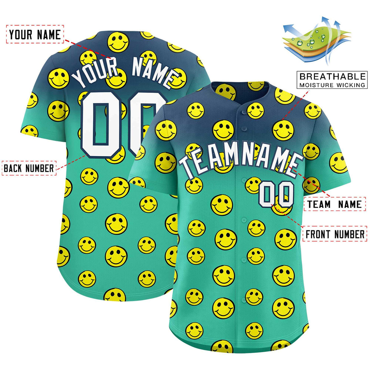 Custom Midnight Blue Bright Green Graffiti Gradient Pattern Authentic Smile Baseball Jersey