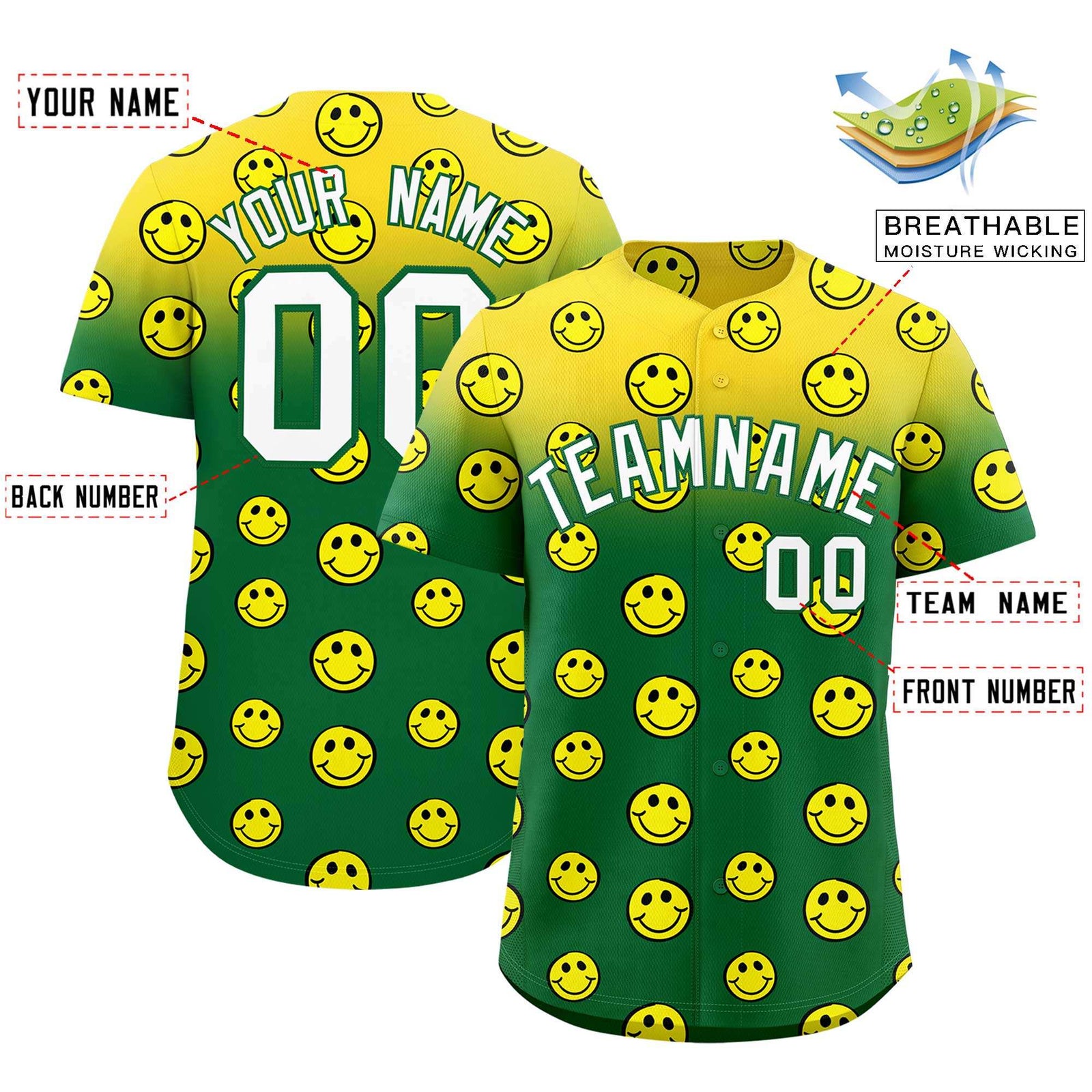 Custom Gold Kelly Green Graffiti Gradient Pattern Authentic Smile Baseball Jersey