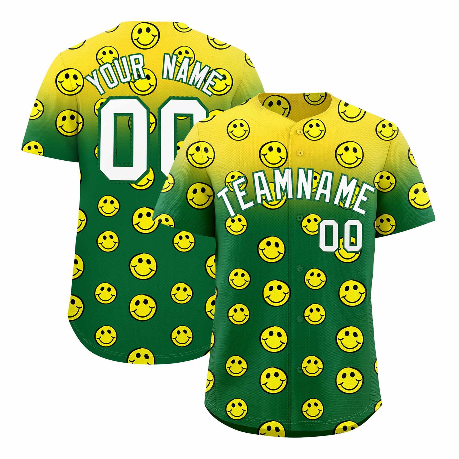 Custom Gold Kelly Green Graffiti Gradient Pattern Authentic Smile Baseball Jersey
