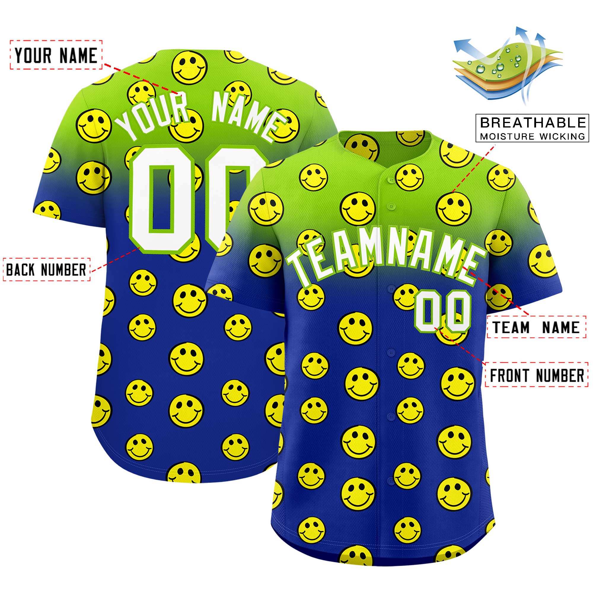 Custom Neon Green Royal Graffiti Gradient Pattern Authentic Smile Baseball Jersey