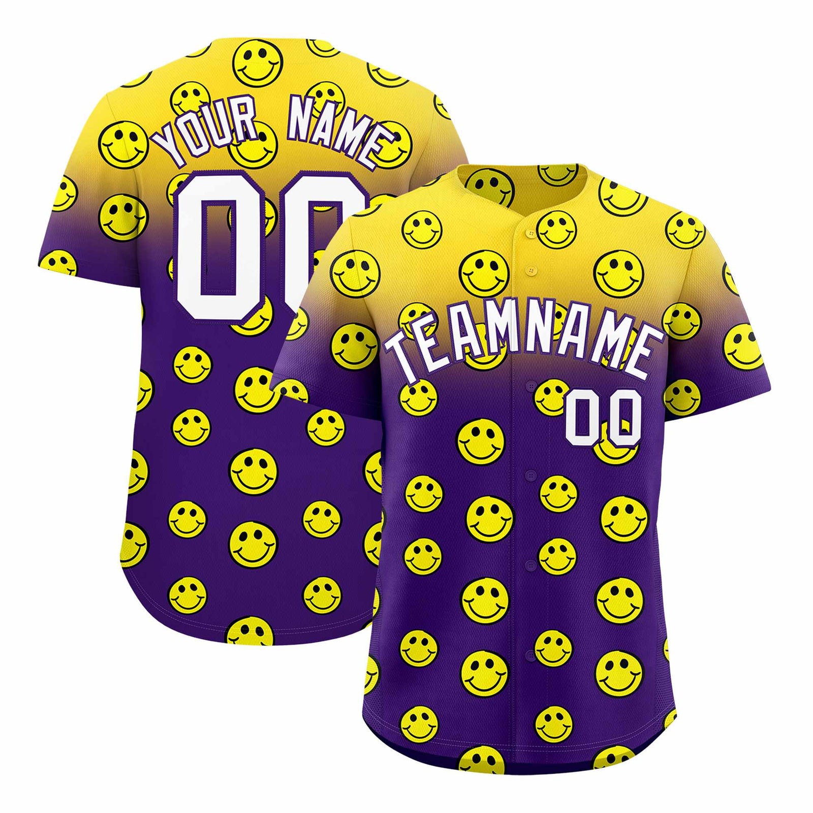 Custom Gold Purple Graffiti Gradient Pattern Authentic Smile Baseball Jersey