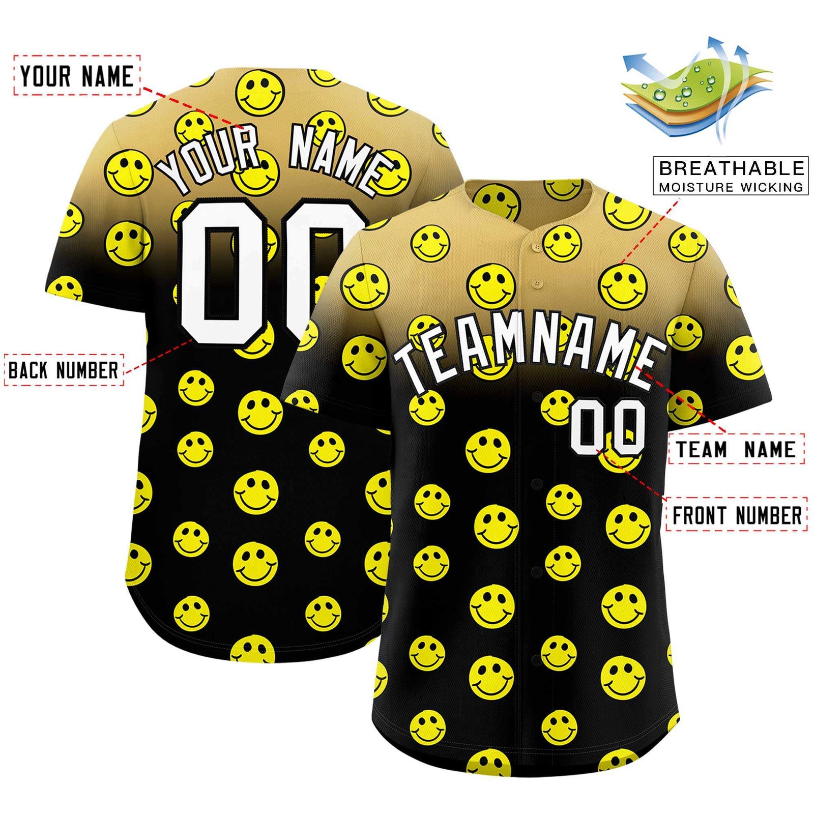 Custom Old Gold Black Graffiti Gradient Pattern Authentic Smile Baseball Jersey