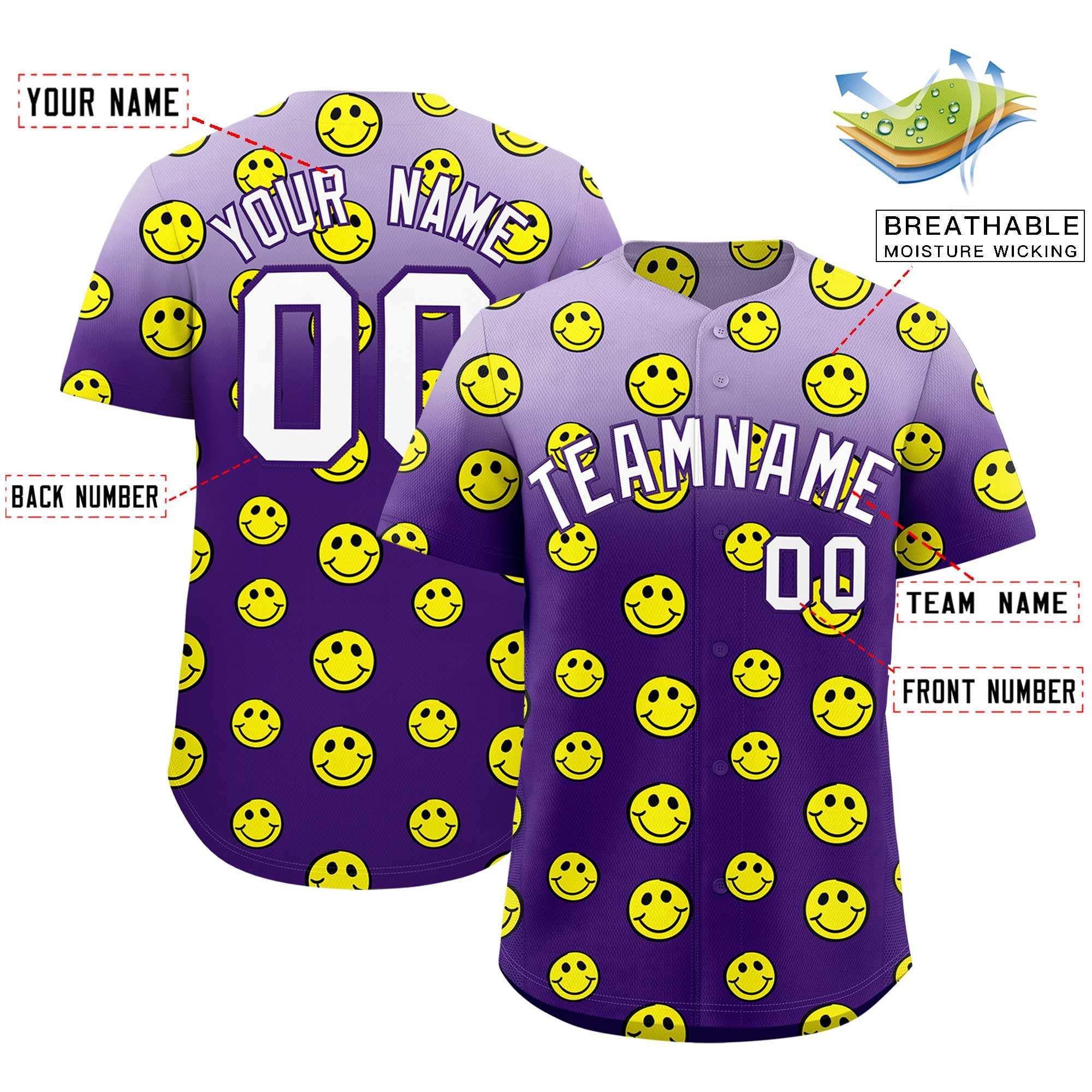 Custom Light Purple Purple Graffiti Gradient Pattern Authentic Smile Baseball Jersey