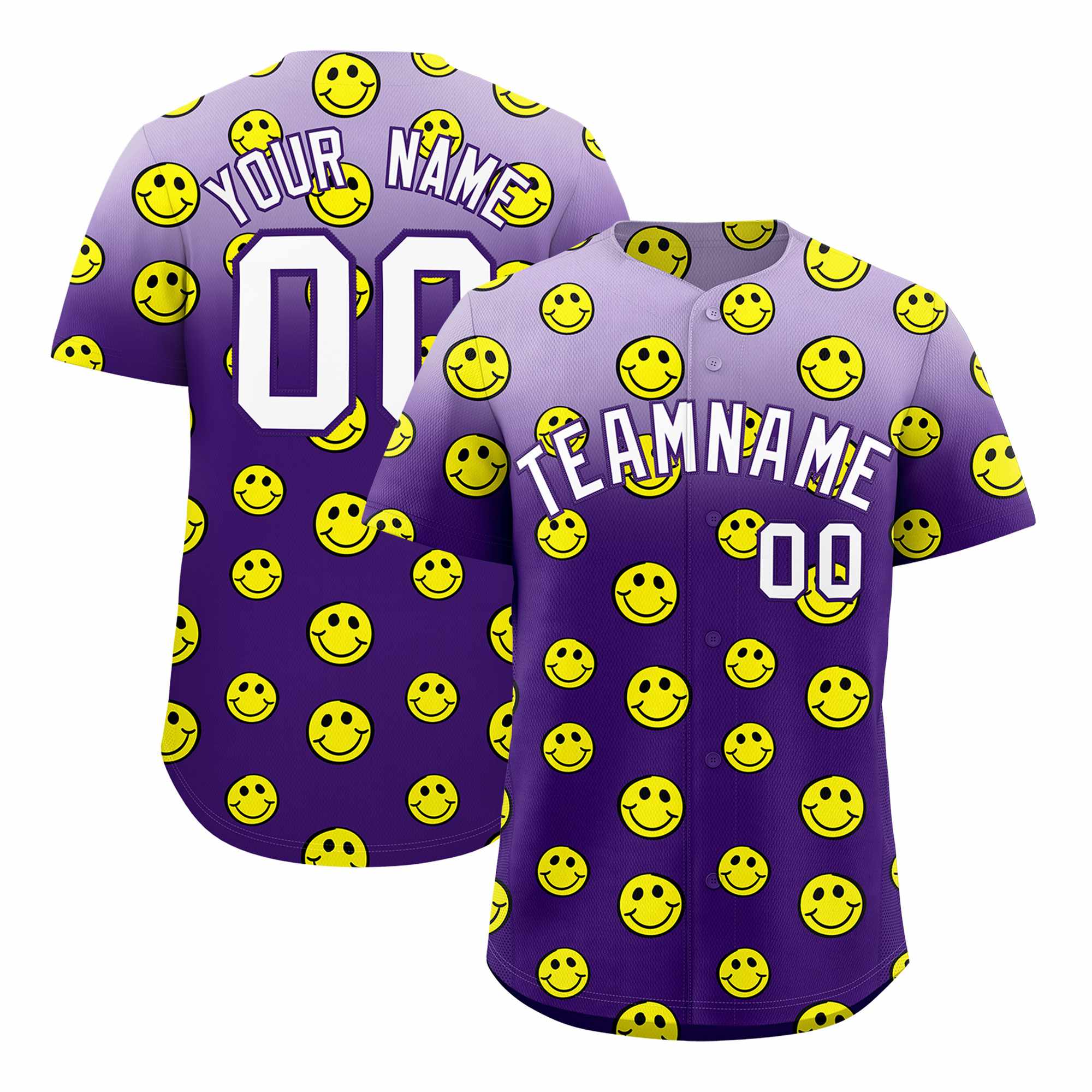 Custom Light Purple Purple Graffiti Gradient Pattern Authentic Smile Baseball Jersey