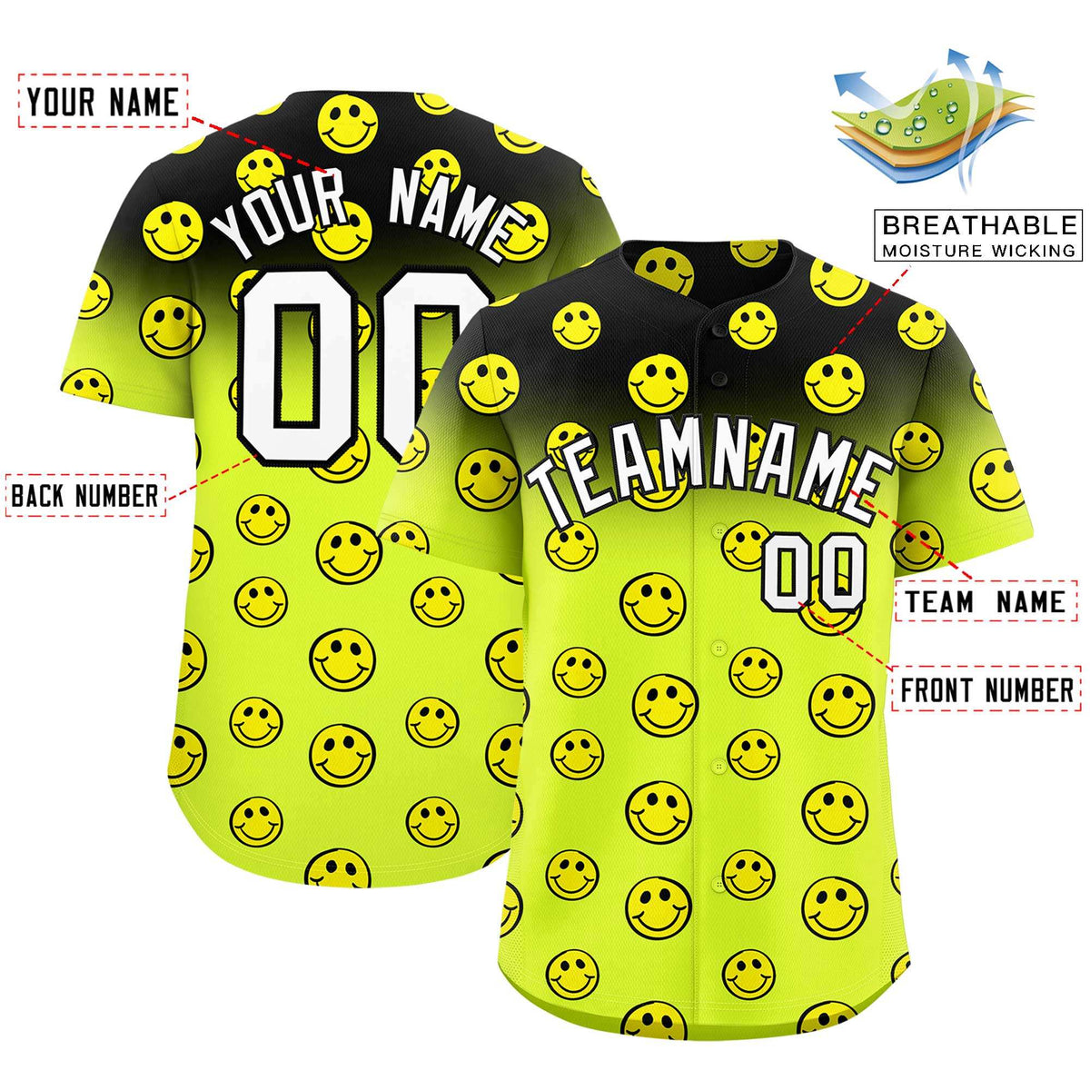 Custom Black Fluorescent Green Graffiti Gradient Pattern Authentic Smile Baseball Jersey