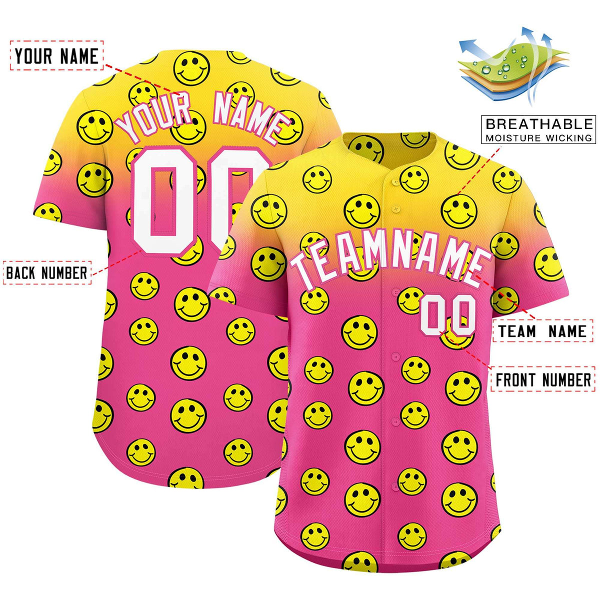 Custom Gold Pink Graffiti Gradient Pattern Authentic Smile Baseball Jersey