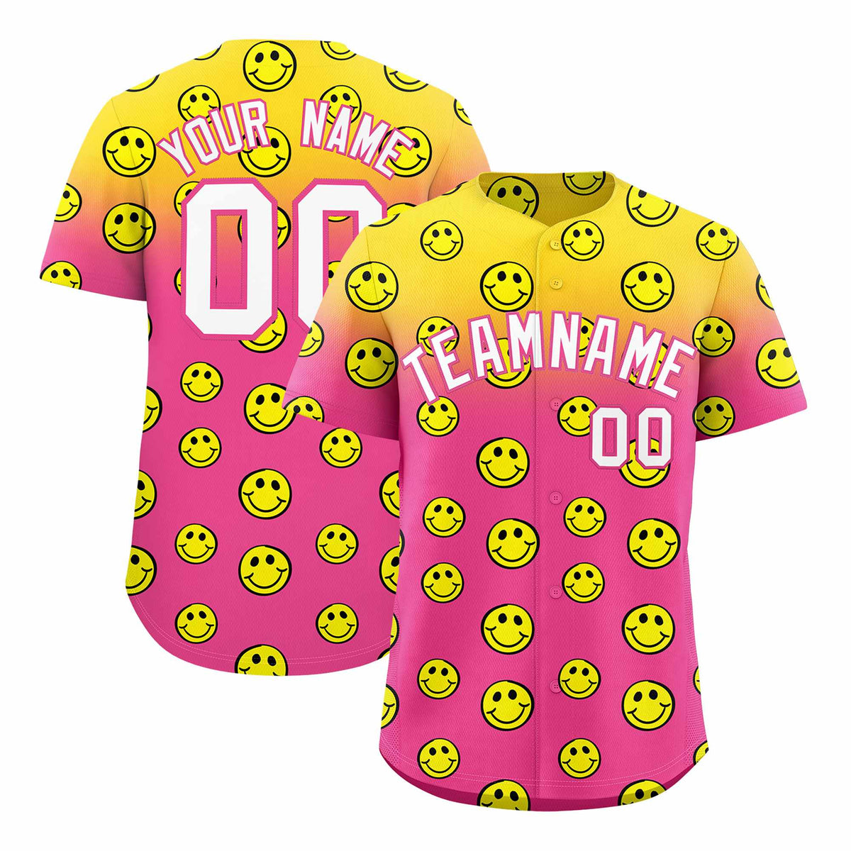 Custom Gold Pink Graffiti Gradient Pattern Authentic Smile Baseball Jersey