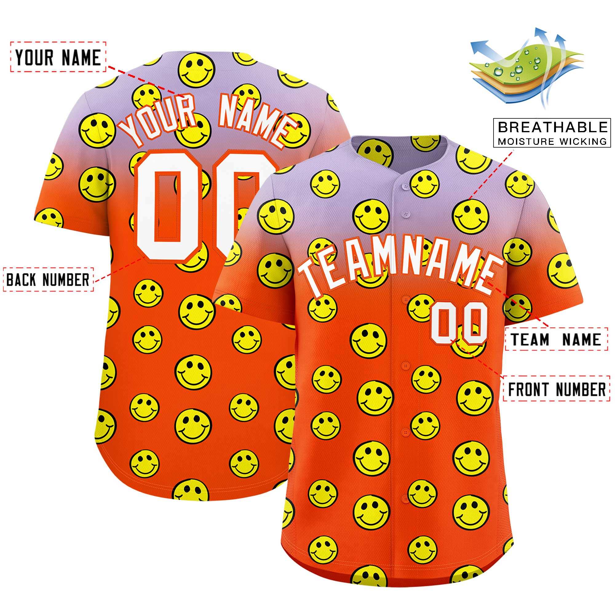 Custom Light Purple Orange Graffiti Gradient Pattern Authentic Smile Baseball Jersey
