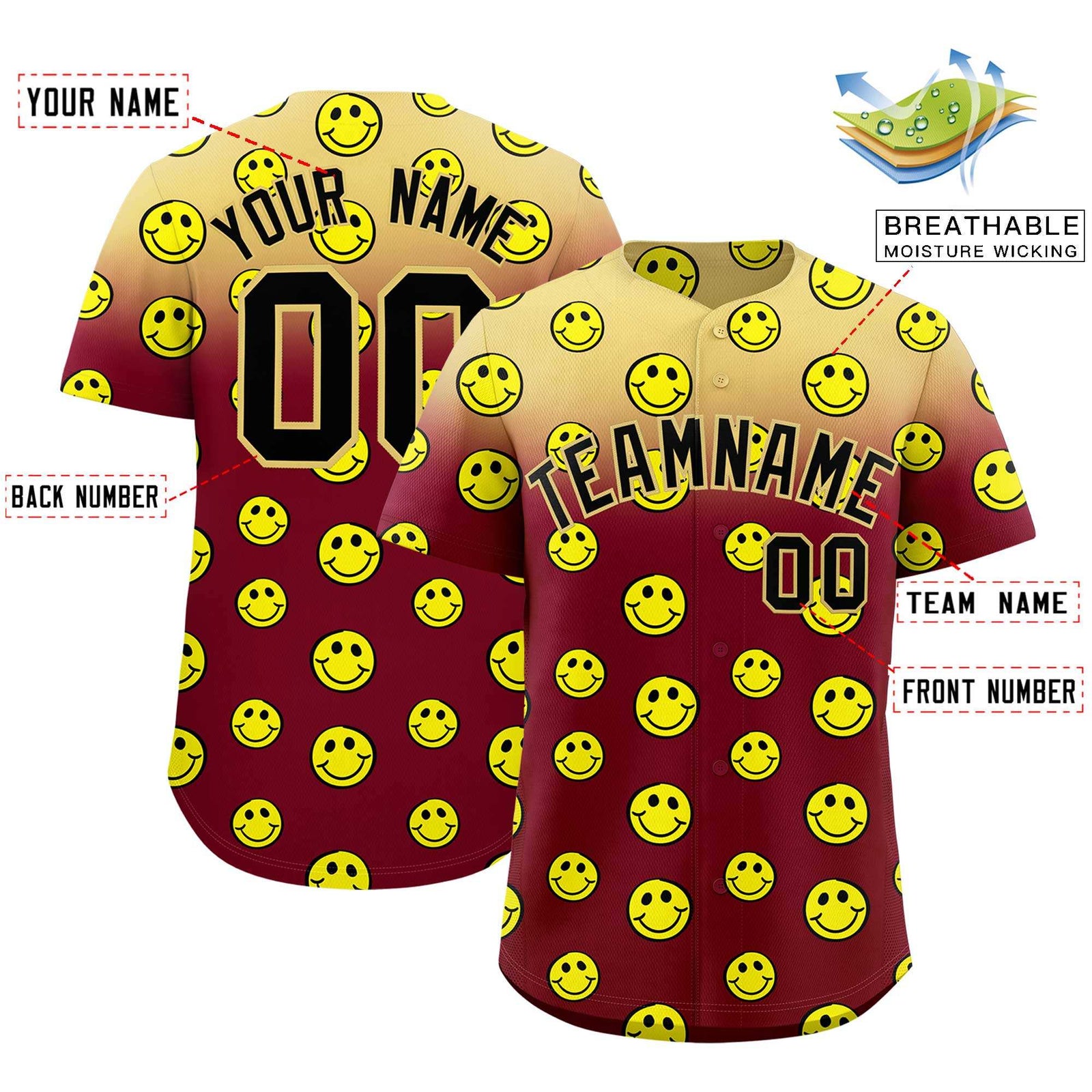 Custom Khaki Crimson Graffiti Gradient Pattern Authentic Smile Baseball Jersey