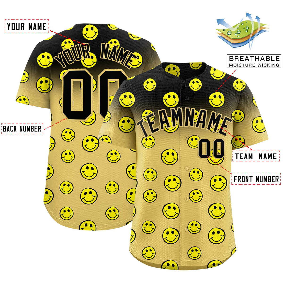 Custom Black Old Gold Graffiti Gradient Pattern Authentic Smile Baseball Jersey