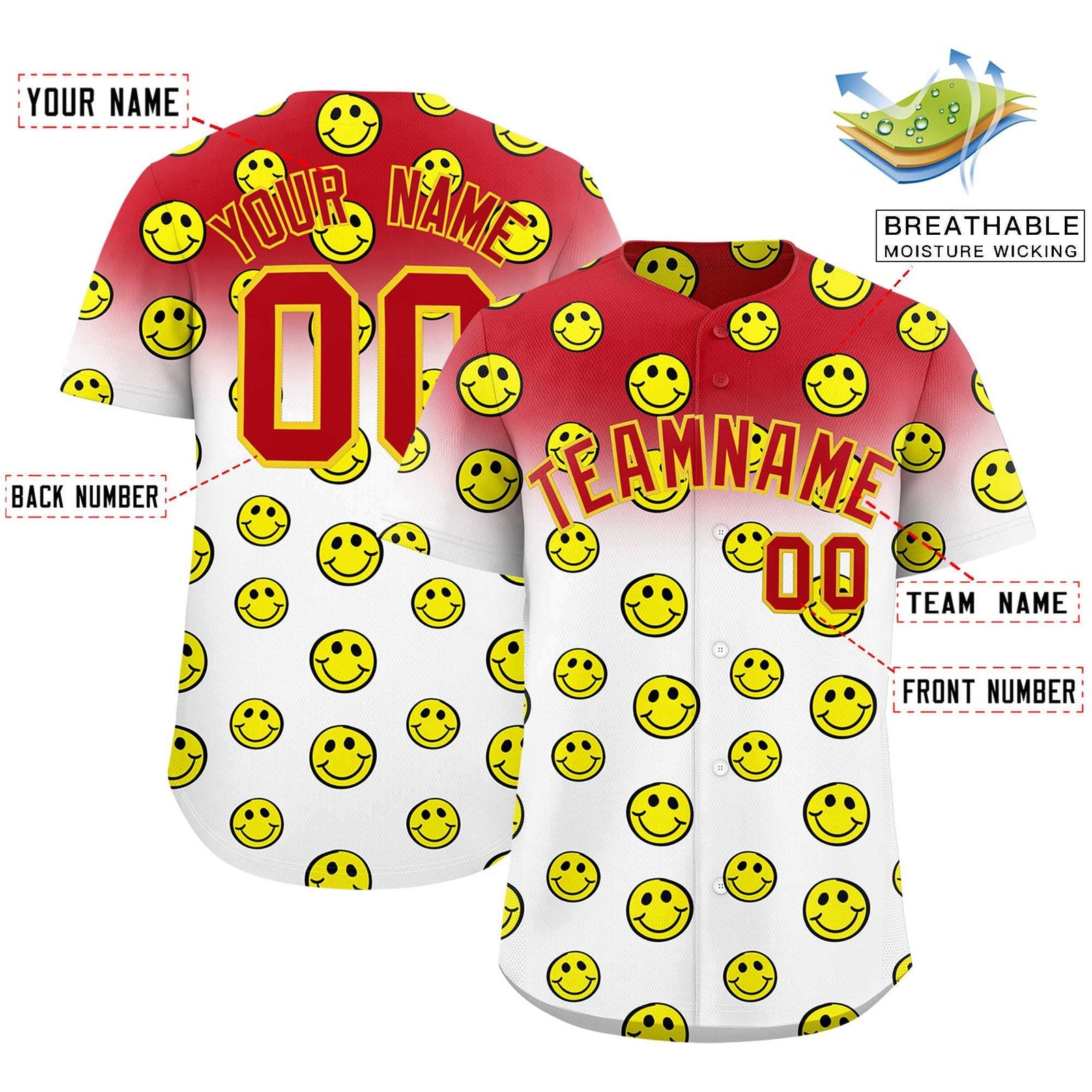 Custom Red White Graffiti Gradient Pattern Authentic Smile Baseball Jersey