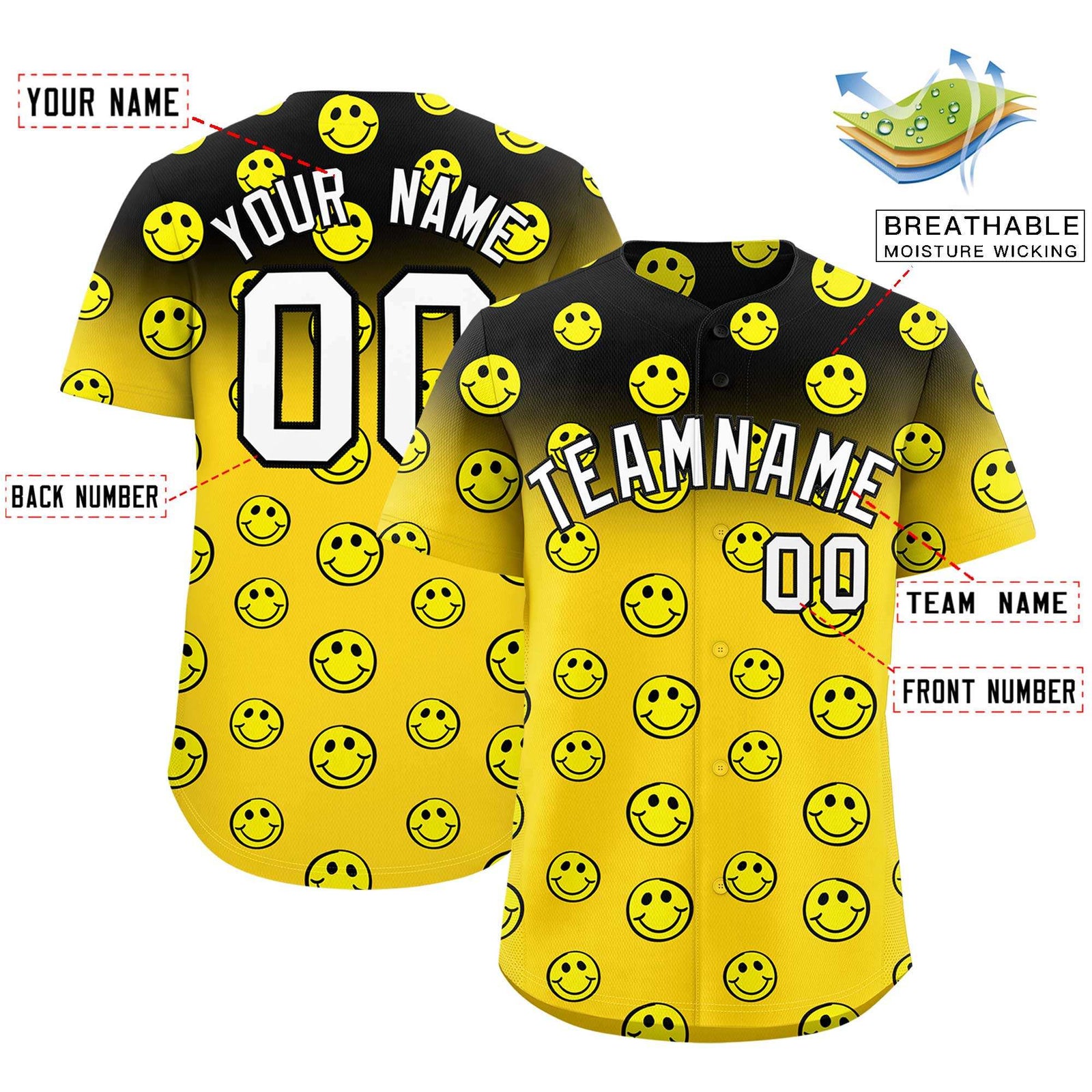 Custom Black Gold Graffiti Gradient Pattern Authentic Smile Baseball Jersey