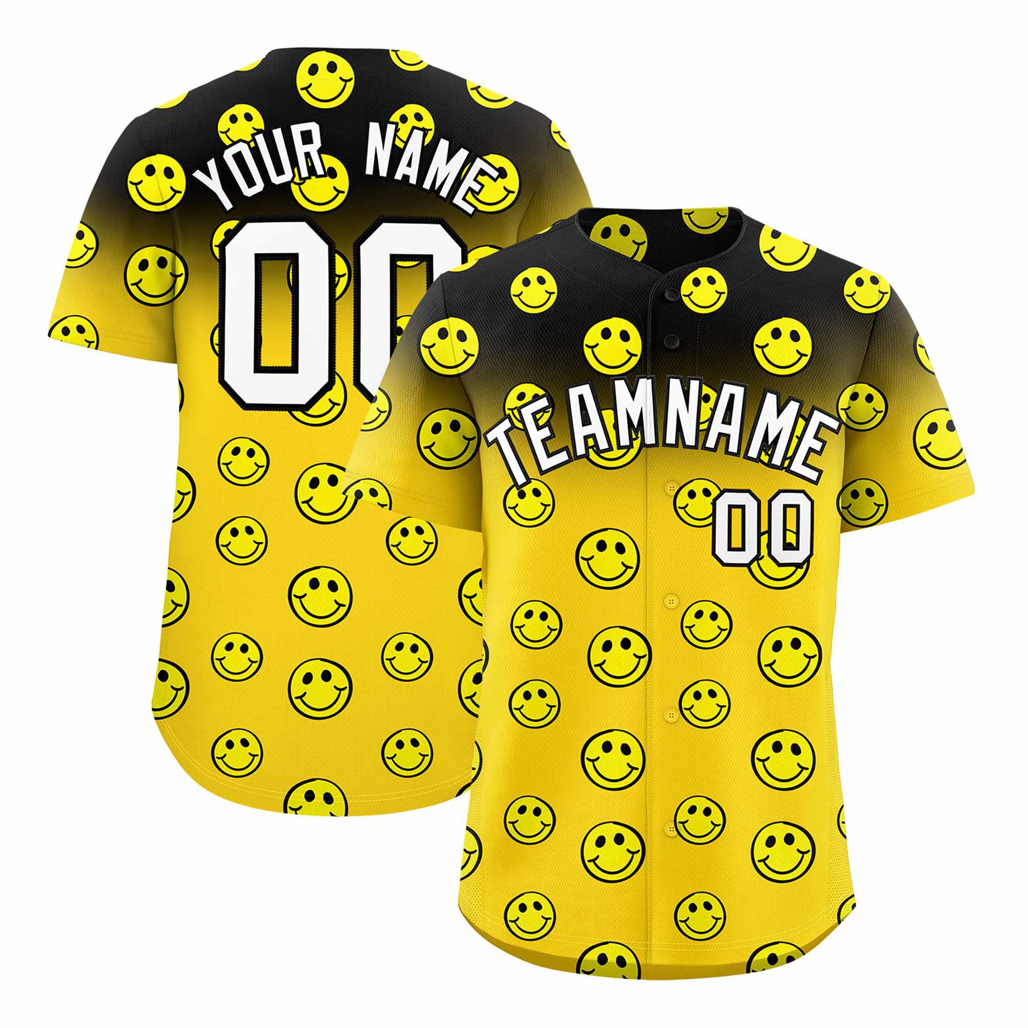 Custom Black Gold Graffiti Gradient Pattern Authentic Smile Baseball Jersey