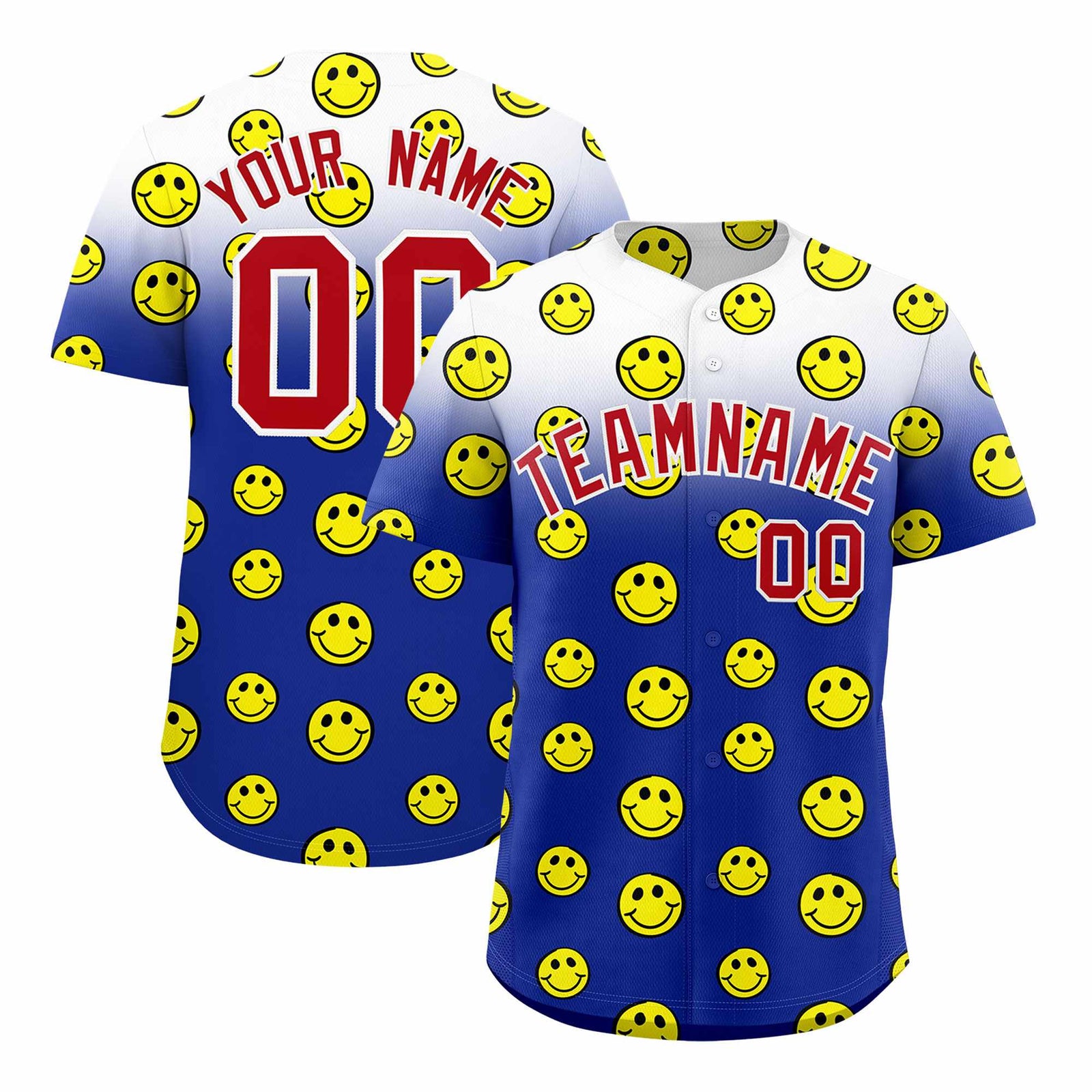 Custom White Royal Graffiti Gradient Pattern Authentic Smile Baseball Jersey