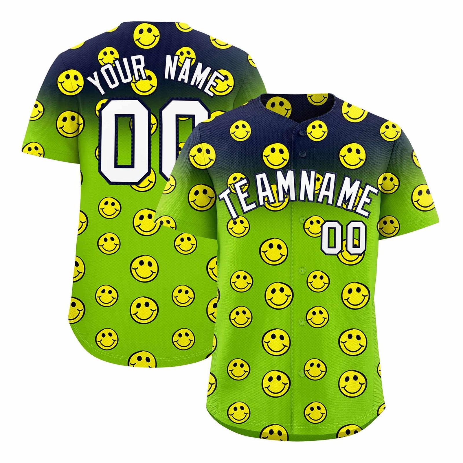 Custom Navy Neon Green Graffiti Gradient Pattern Authentic Smile Baseball Jersey