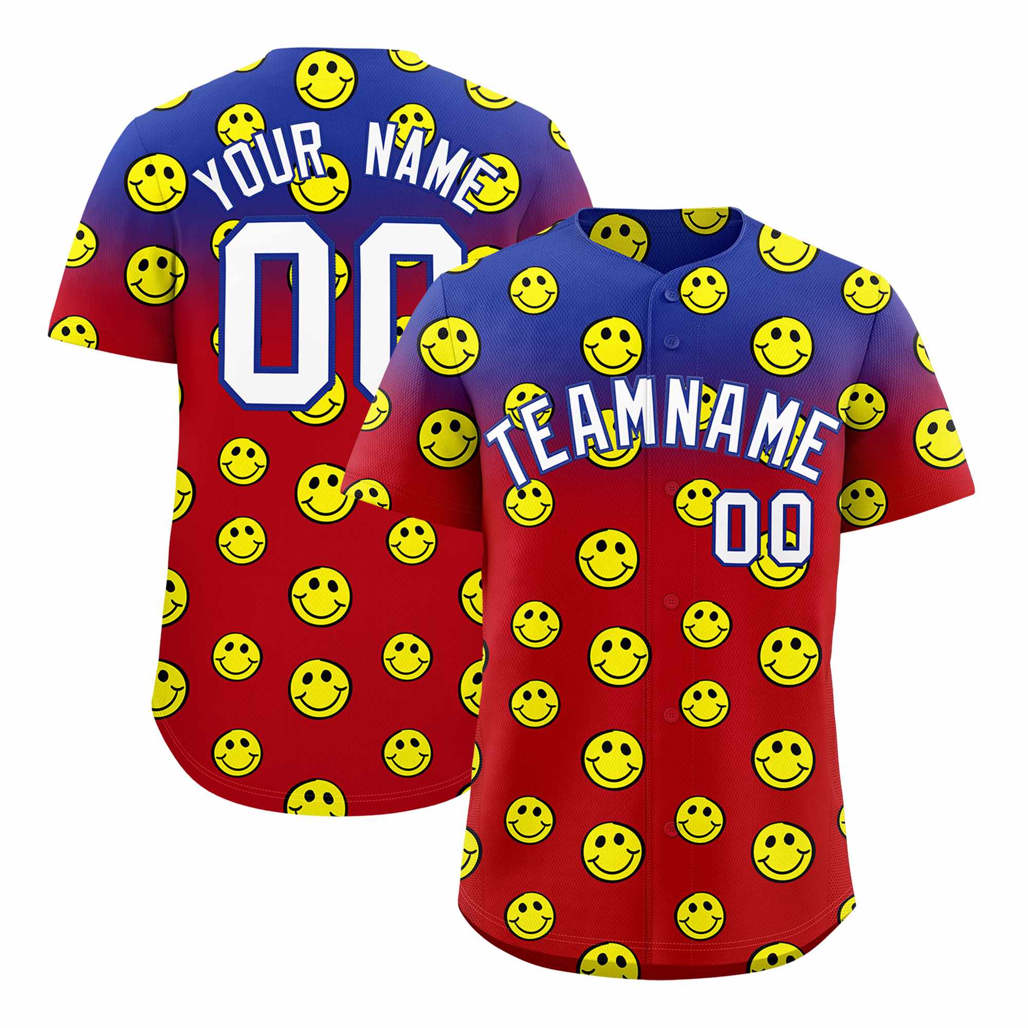 Custom Royal Red Graffiti Gradient Pattern Authentic Smile Baseball Jersey