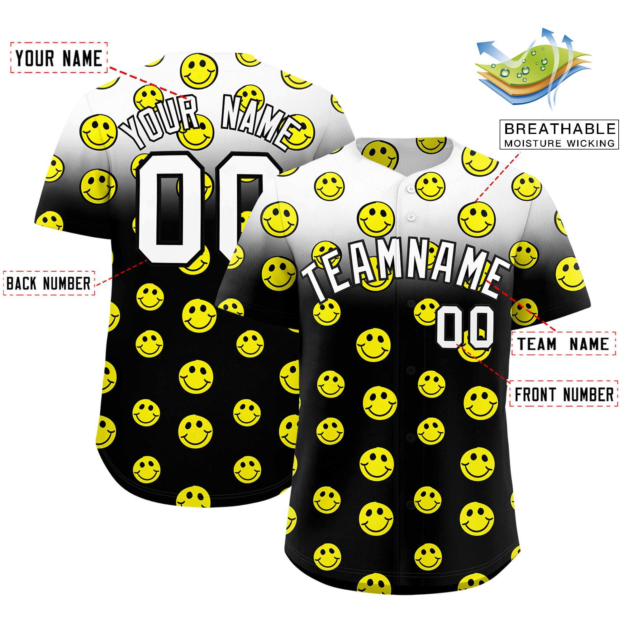 Custom White Black Graffiti Gradient Pattern Authentic Smile Baseball Jersey