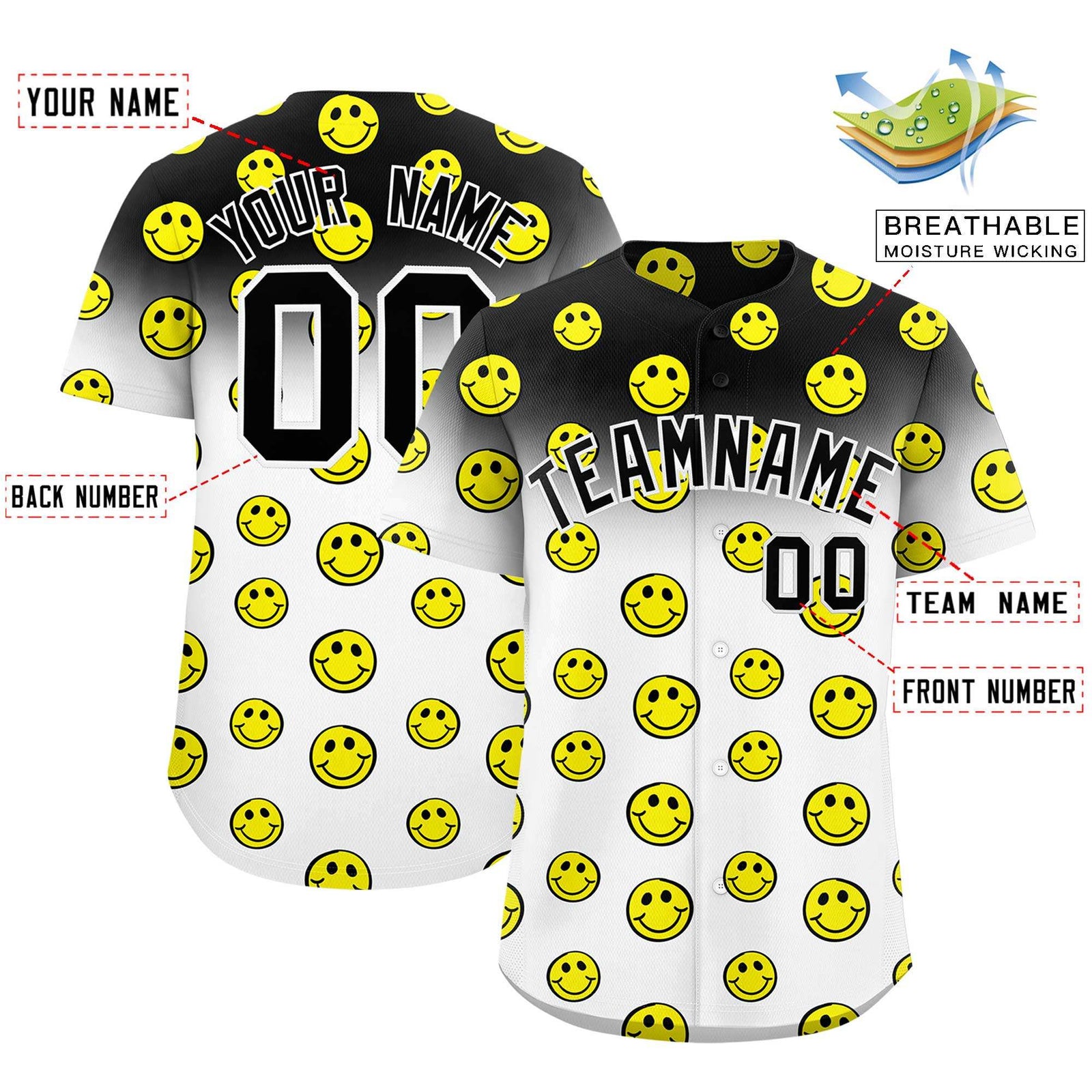 Custom Black White Graffiti Gradient Pattern Authentic Smile Baseball Jersey