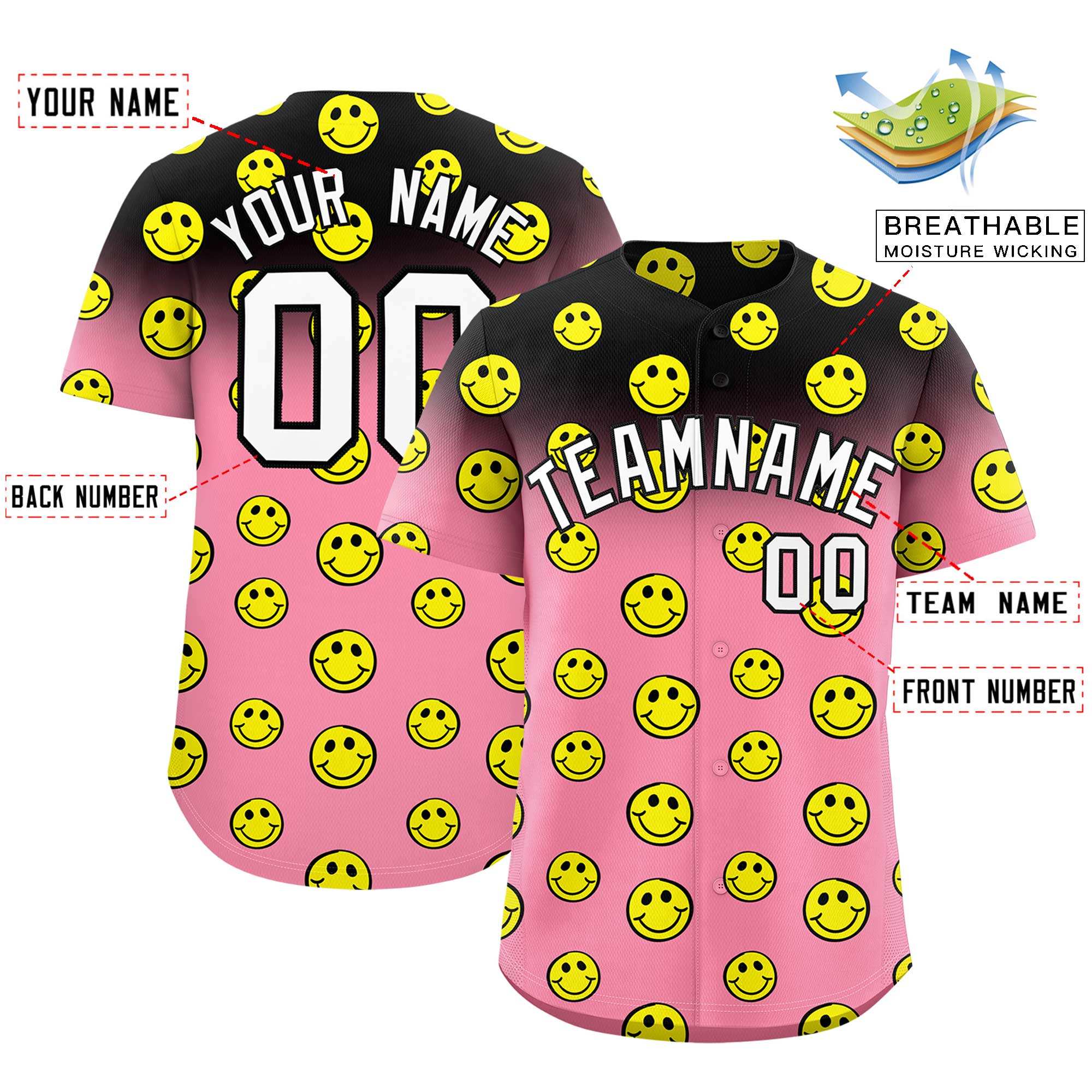 Custom Black Light Pink Graffiti Gradient Pattern Authentic Smile Baseball Jersey